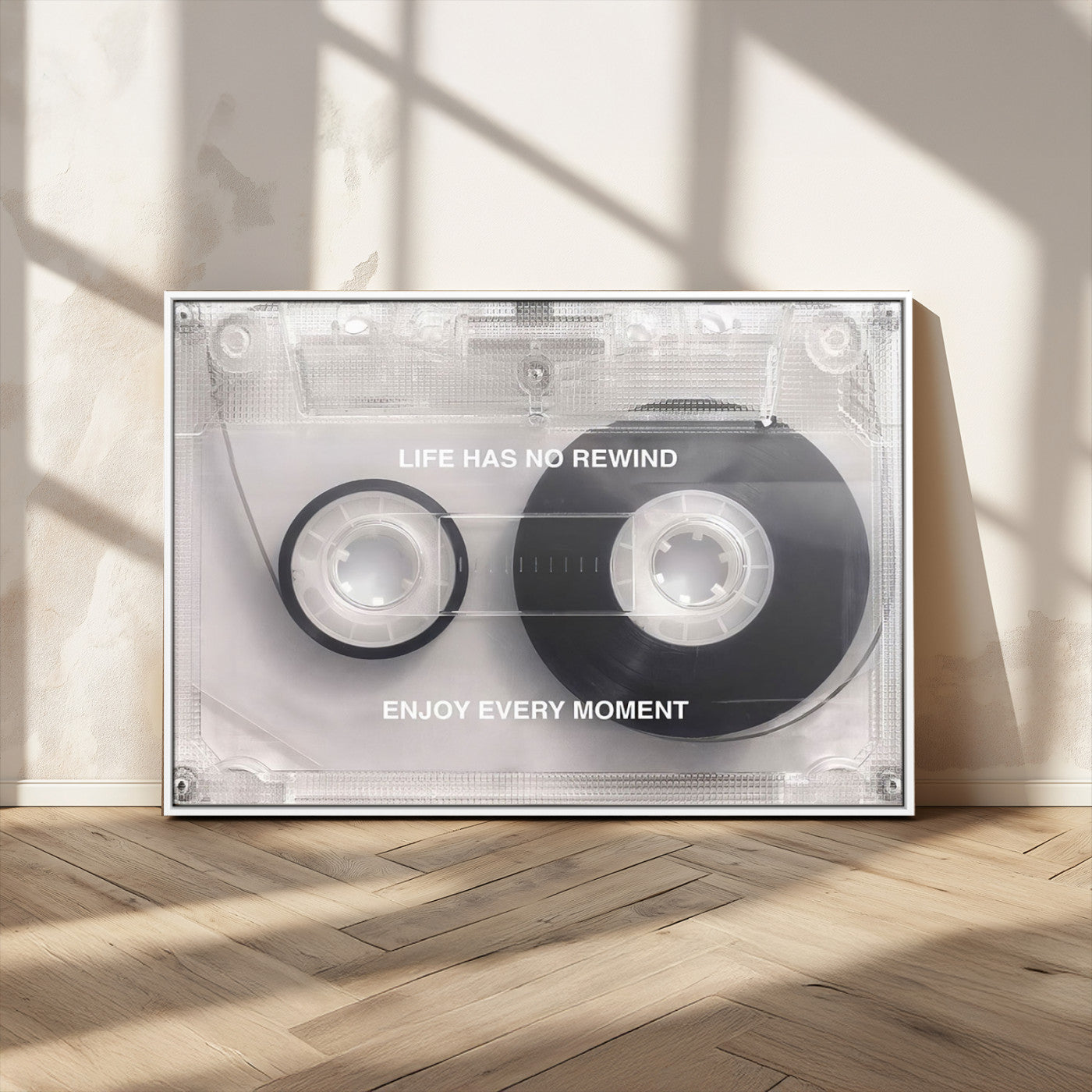 -Vintage Cassette Tape Canvas Wall Art - Inspirational 'Life Has No Rewind' Quote, Retro Music Decor