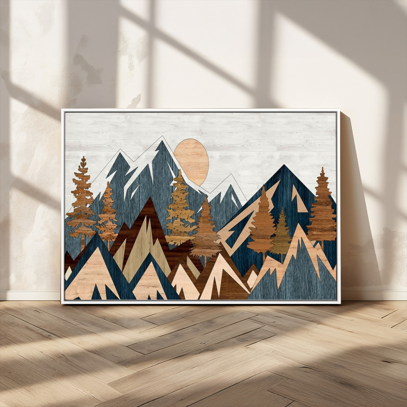 91467-MGV-CV-36X24-Abstract Wood Panel Effect Mountain Range Top Wall Art Canvas Print