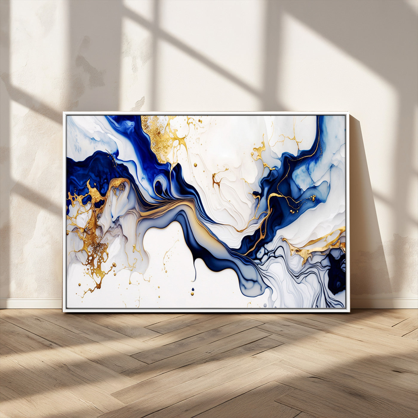 93392-MGV-CV-36X24-Golden Cascades on Midnight Blue – Deep Blue Abstract Wall Art Flowing Elegance | Wall Art Canvas,