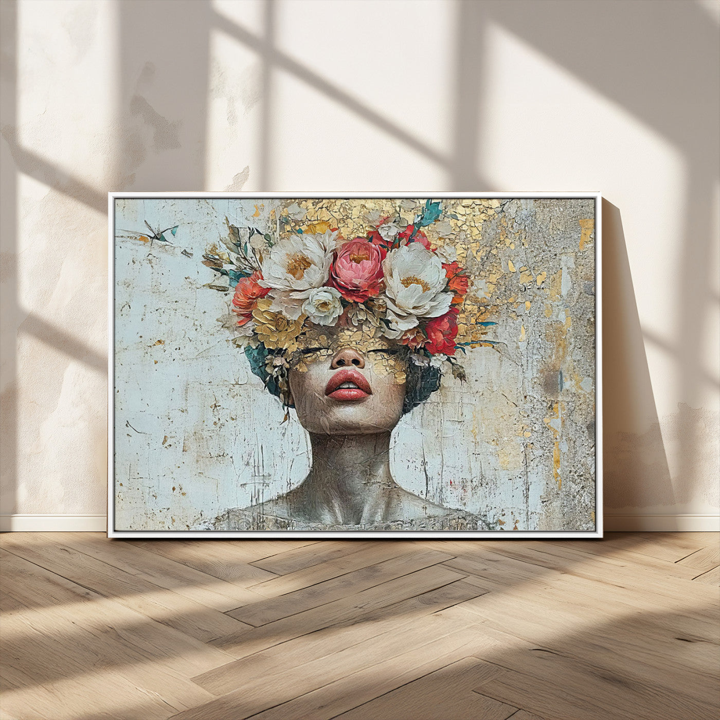 26919-MGV-FC-36X24_White-Golden Petal Wall Art Canvas Print - Silhouette Woman Wall Art Canvas Print, Floral Woman Portrait