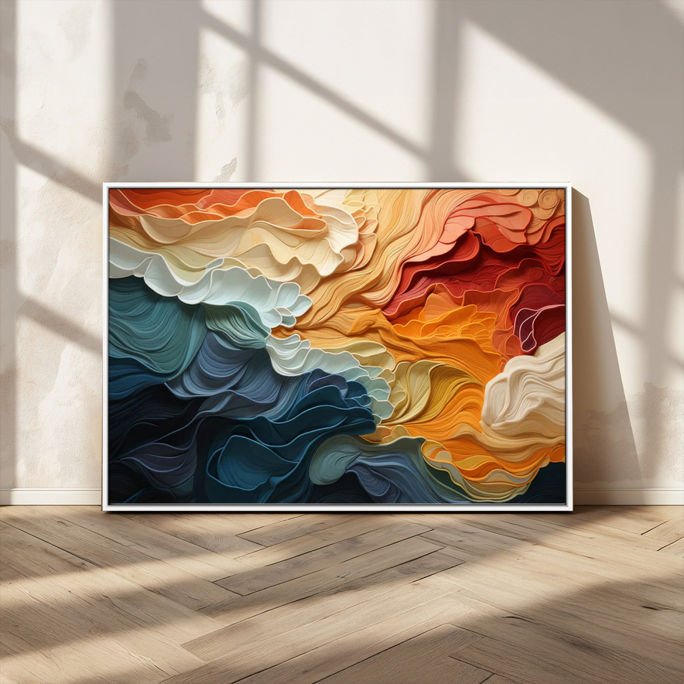 31634-MGV-FC-36X24_White-Blue Orange Abstract Wave Wall Art Canvas Print, Framed Blue Orange Wave Wall Art