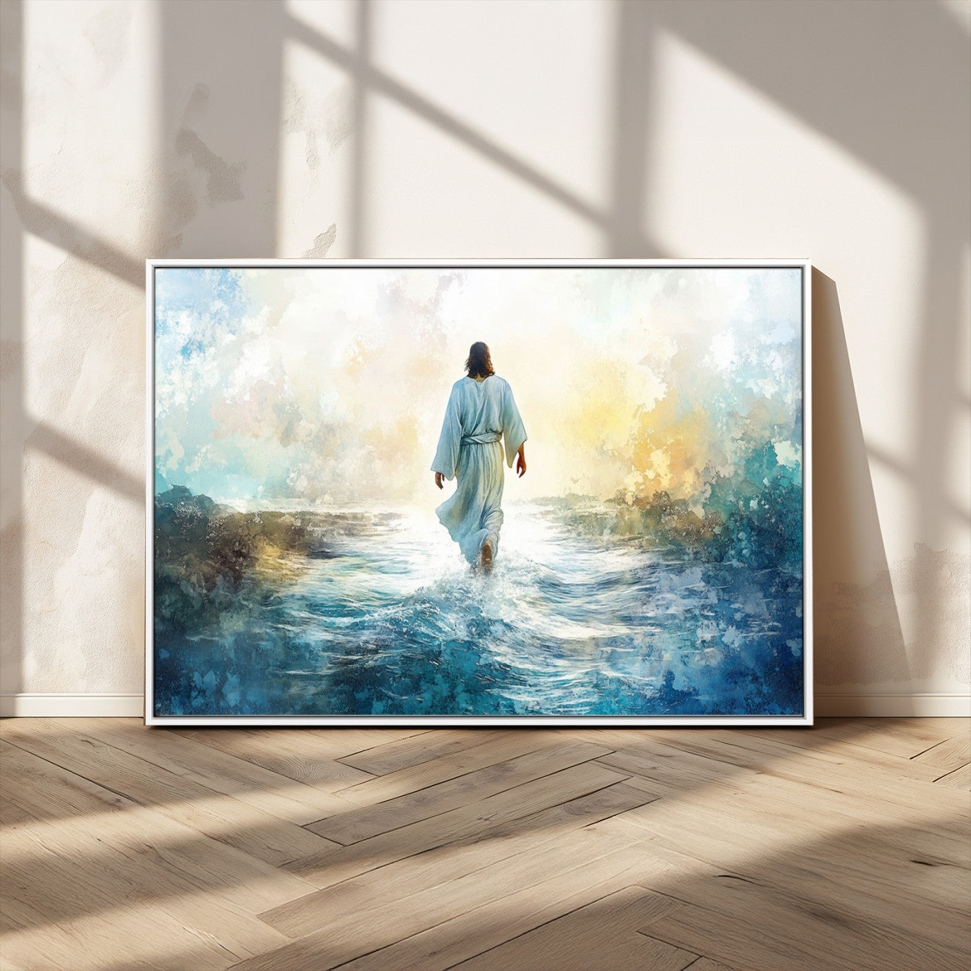 -Watercolor Jesus Walking on Water Canvas Print, Christian Wall Art, Jesus Christ Walking