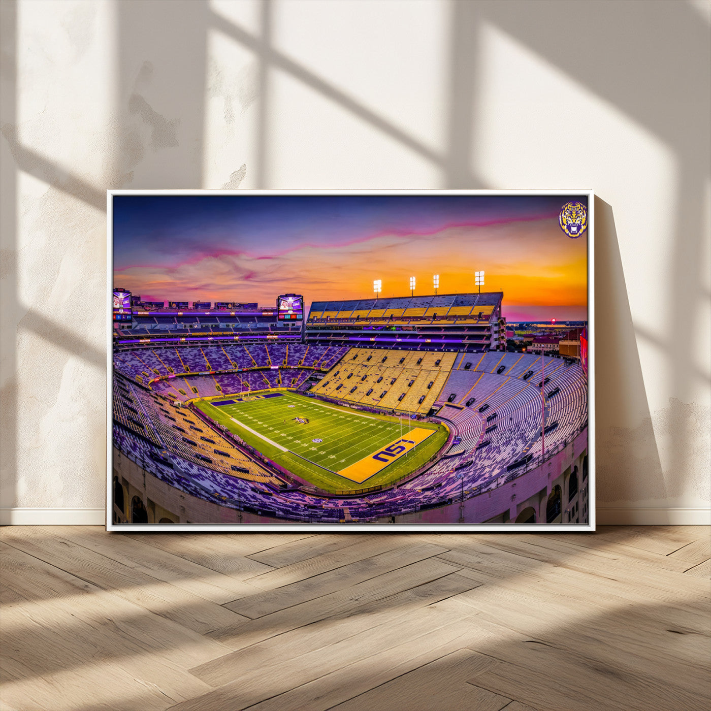 93538-MGV-FC-36X24_White-The Louisiana State University Tigers Football Team Print - Baton Rouge Tiger Stadium Wall Art