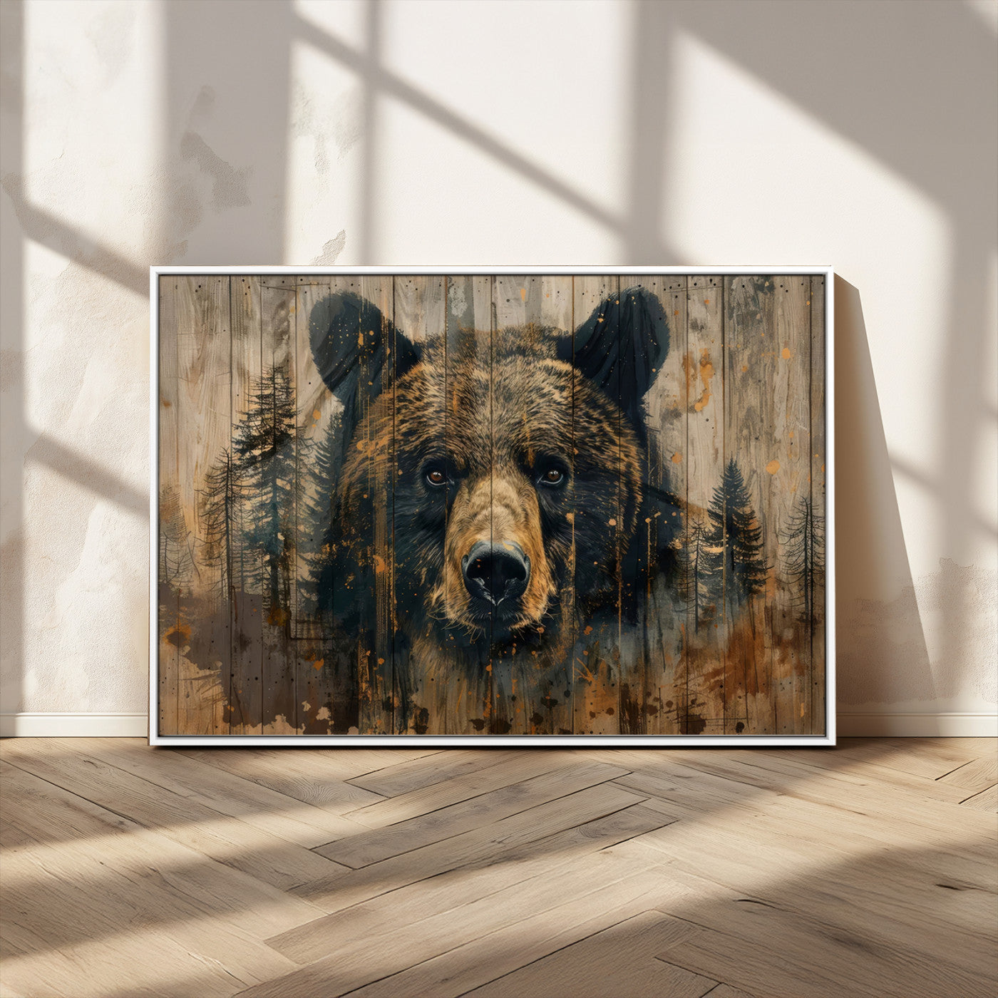 51373-MGV-CV-36X24-Abstract 399 Bear Wall Art | Rustic Cabin Wall Decor with Forest Design | Framed and Ready to Hang |