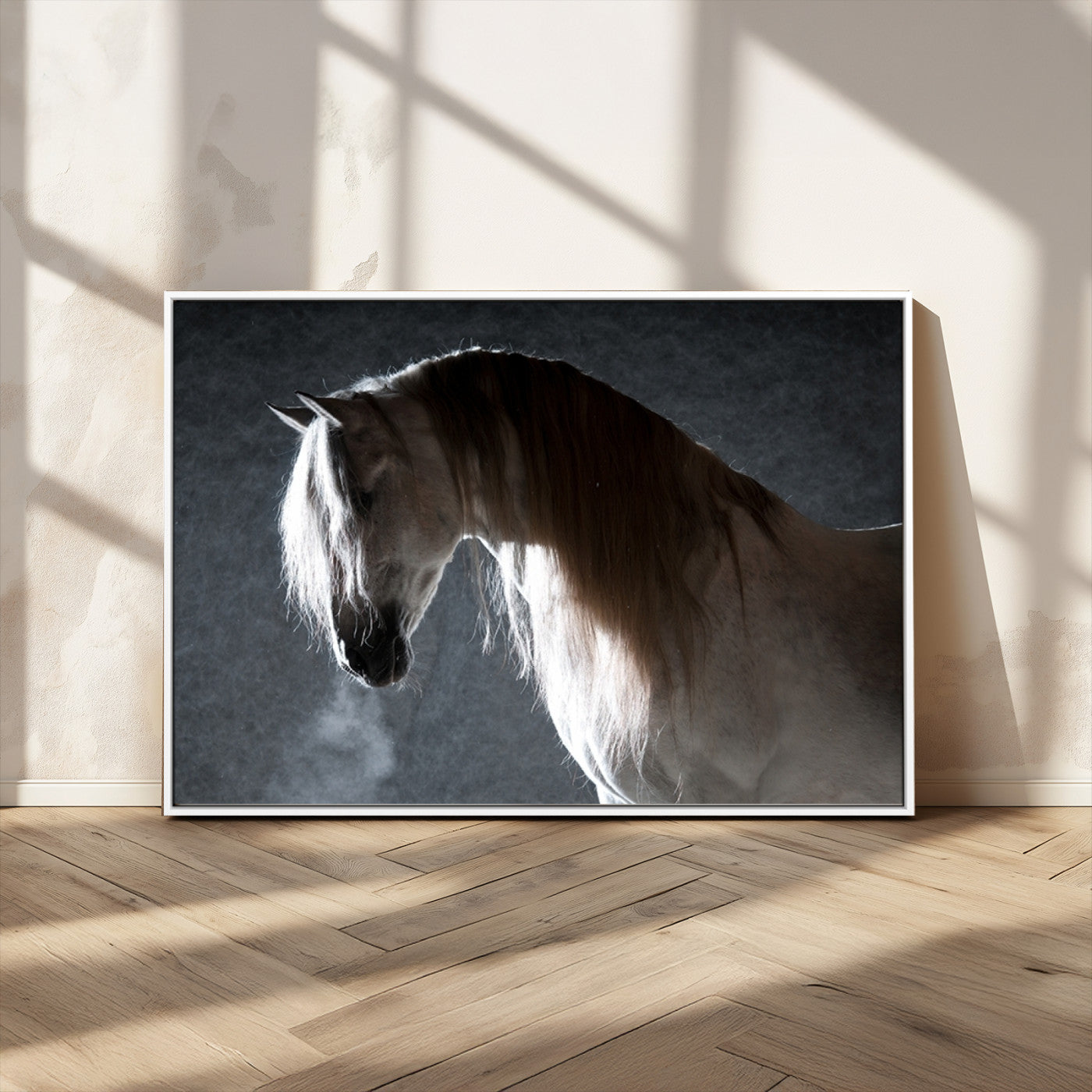 -Large Wall Art Cream Colored Horse on Grey Background Canvas Print