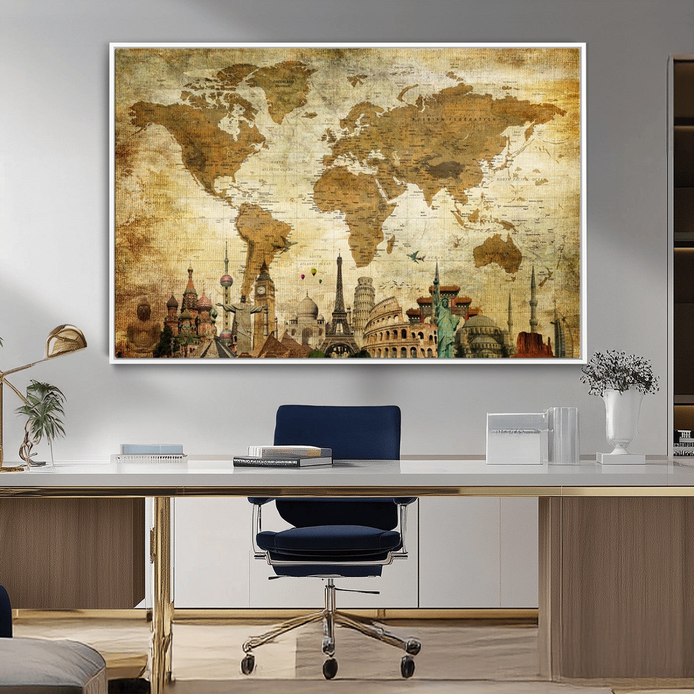 97849-MGV-FC-36X24_White-Vintage World Map Canvas Wall Art – Framed Push Pin Travel Map with Famous Landmarks, Rustic Home and Office Decor Artwork for Travelers