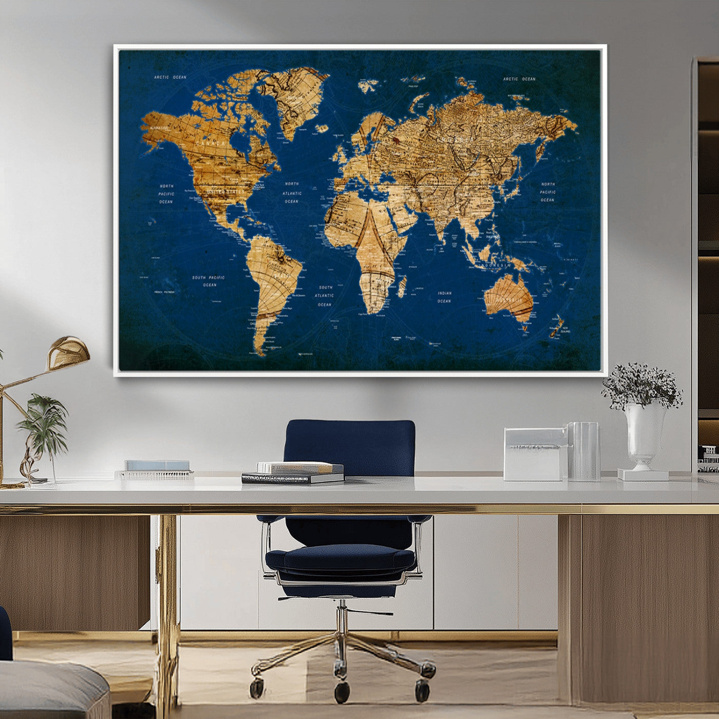 50845-MGV-CV-36X24-Navy Blue and Gold World Map Canvas Print – Framed Luxury Push Pin Wall Art, Elegant Vintage Travel Map Decor for Home or Office