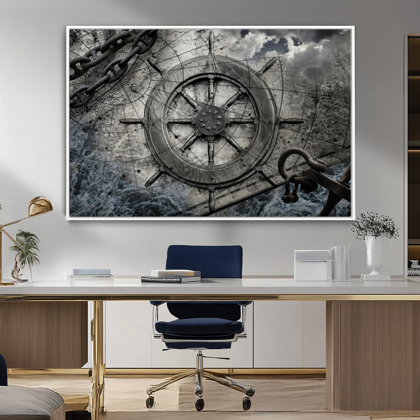 -Ship Steering Wheel Vintage Wall Art Canvas Print