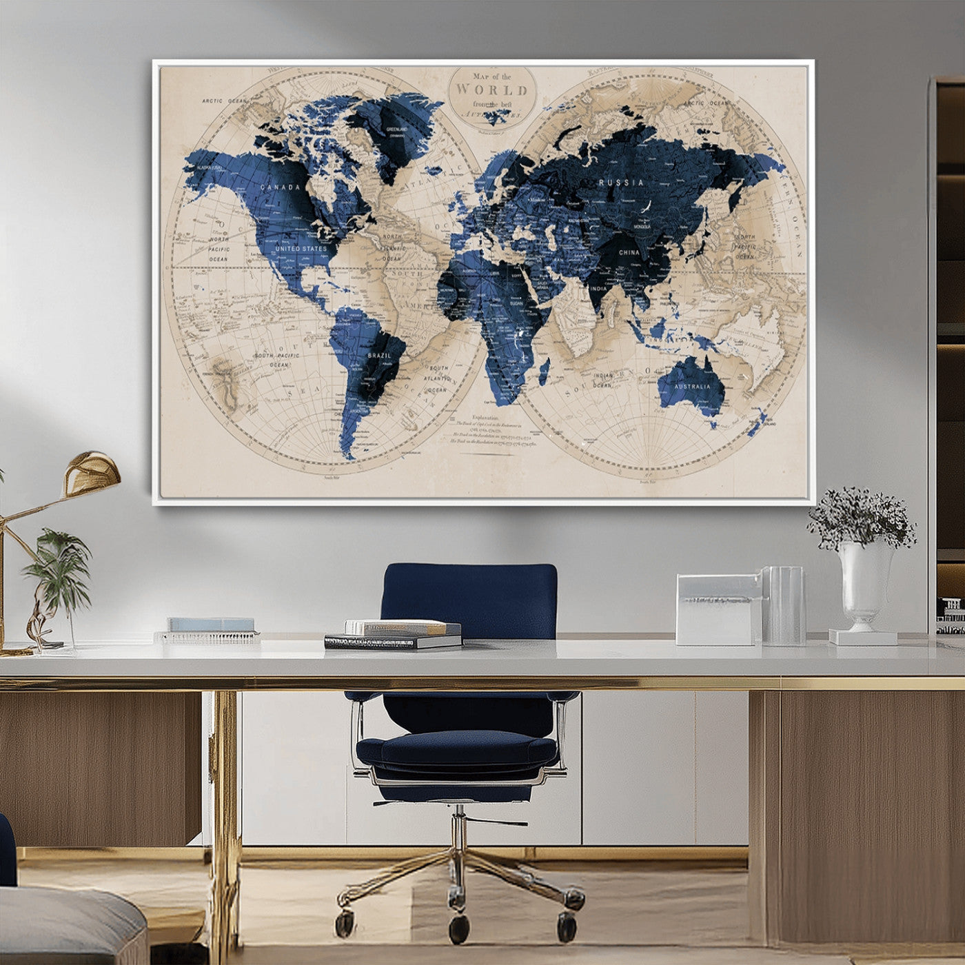 -Vintage Blue World Map Canvas Wall Art – Antique Style Framed Map Print, Elegant Travel Decor for Home Office or Study