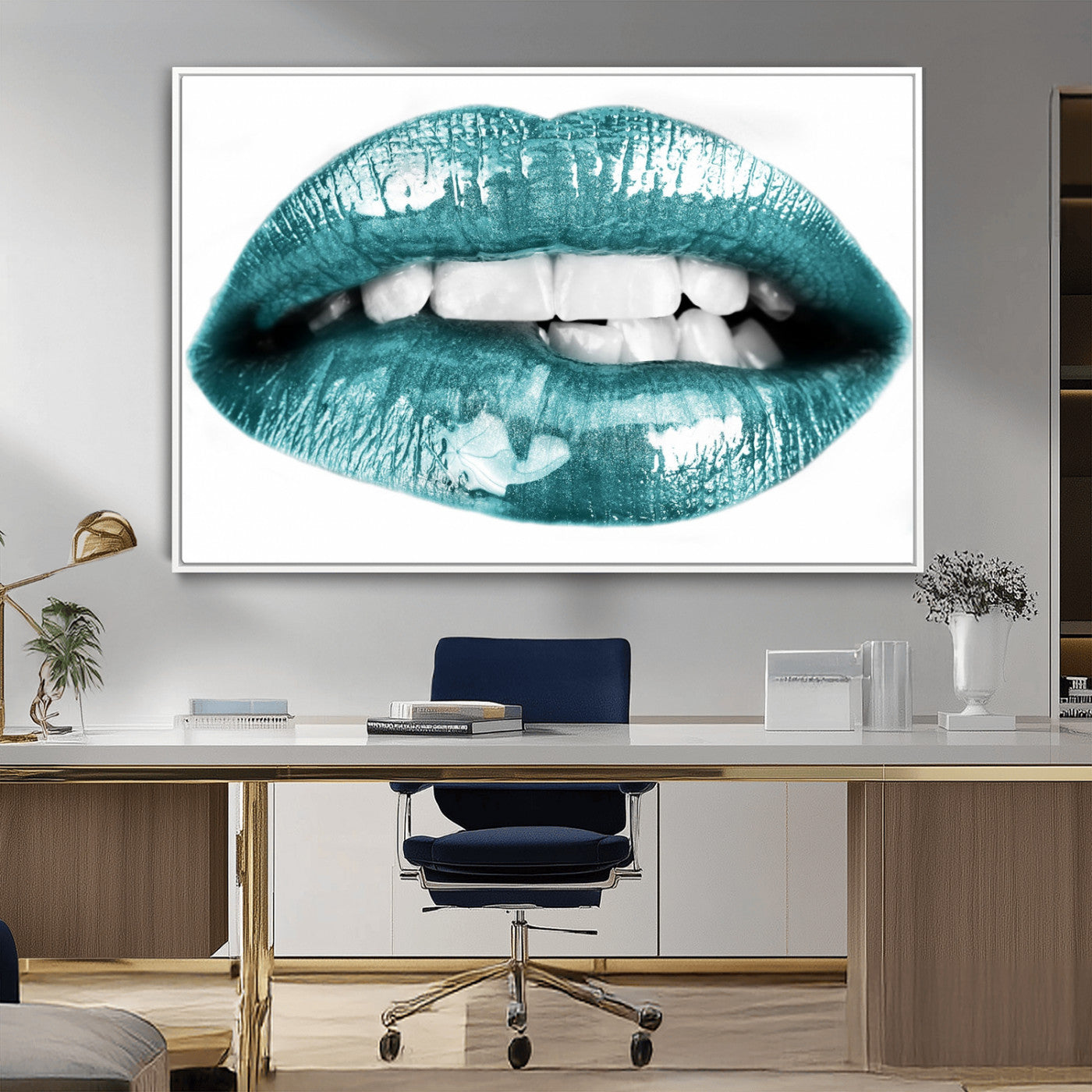 -Blue Lips Wall Art Canvas Print