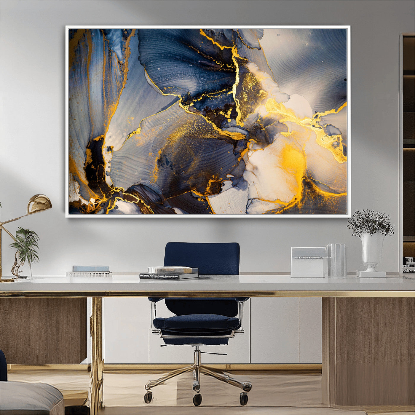 42100-MGV-CV-36X24-Large Abstract Wall Art Print - Gold and Blue Abstract Canvas Wall Art | Fluid Ink Modern Luxury