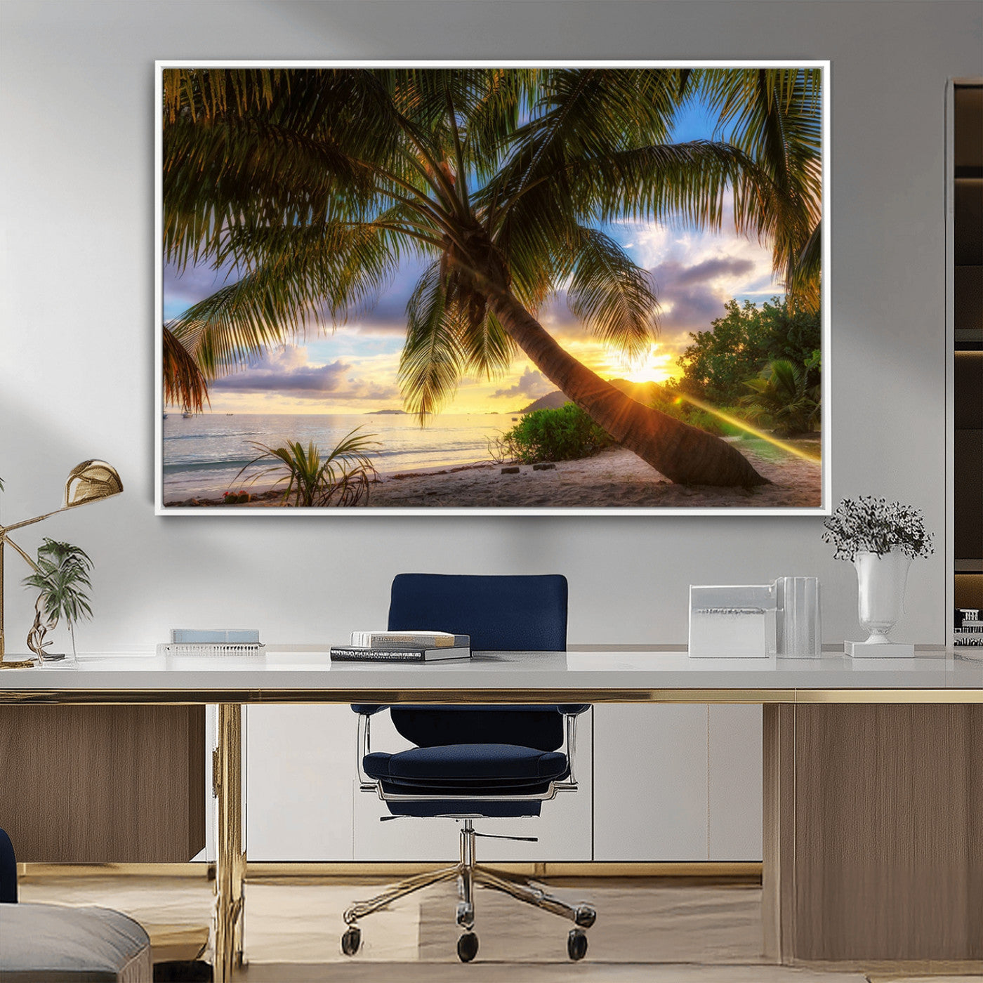49751-MGV-FC-36X24_White-Tropical Island Sunset on the Beach Palms Wall Art Canvas Print