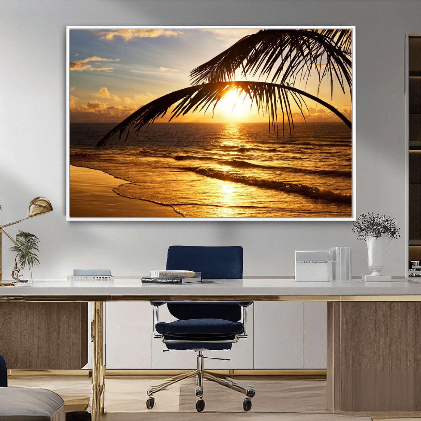 -Golden Tropical Beach Sunset Canvas Triptych, Coastal Palm Tree Wall Art, Ocean Shoreline Giclee