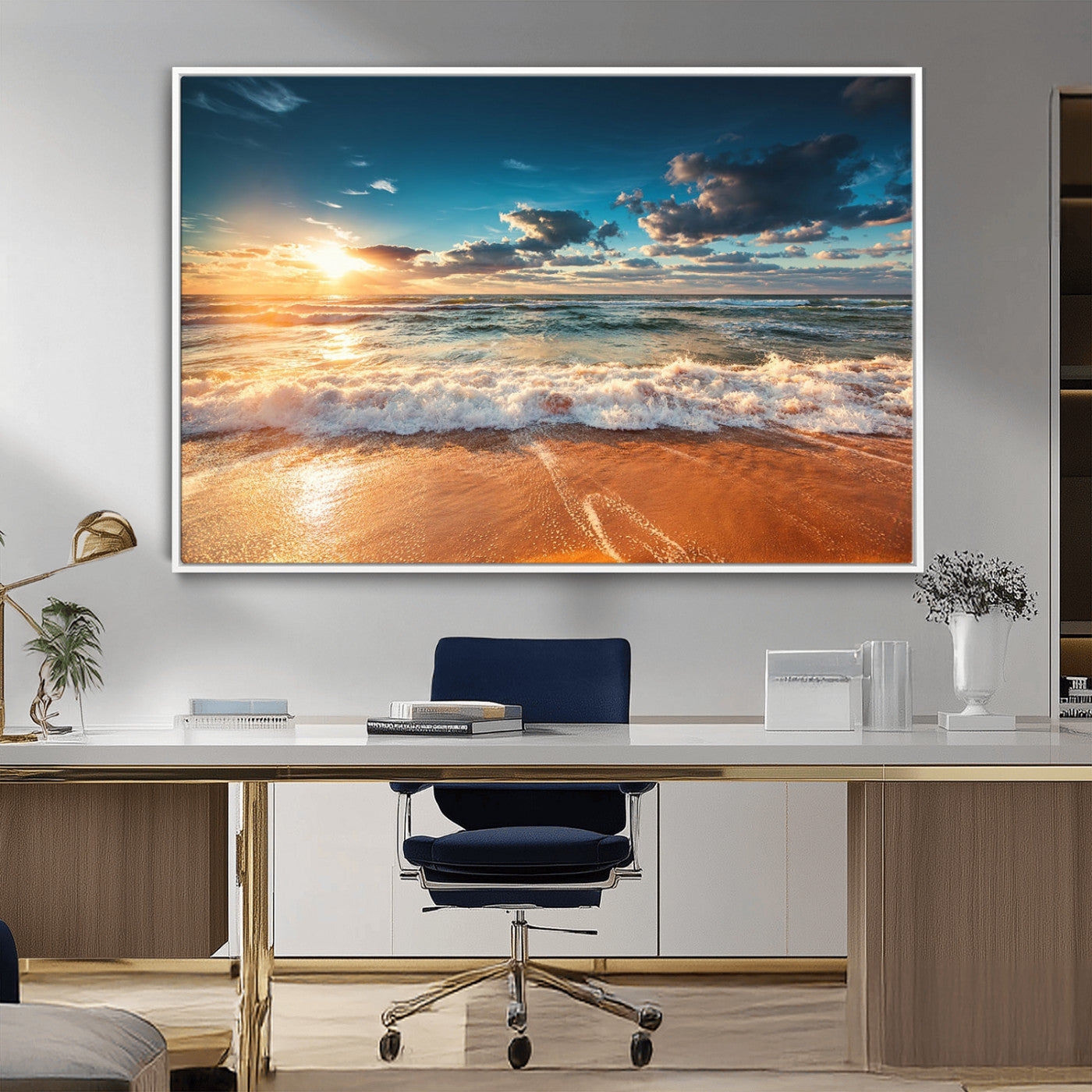 35648-MGV-FC-36X24_White-Golden Sunset Beach Triptych Canvas Art, Giclee Coastal Wall Decor, Ocean Waves Print, Modern Beach