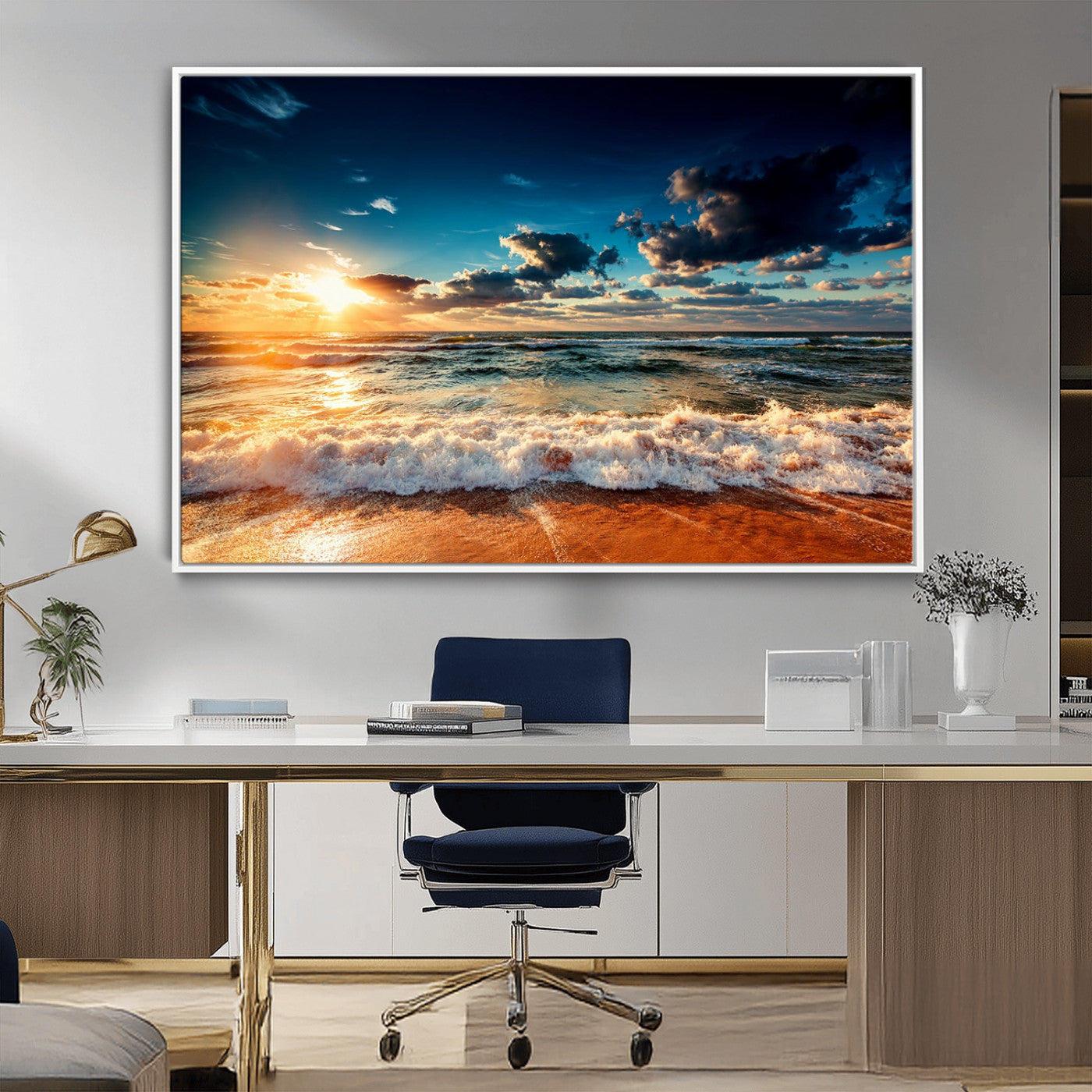 -Golden Hour Sunset Over Ocean Waves Wall Art Canvas Print | 3 Panel Coastal Landscape Canvas Wall