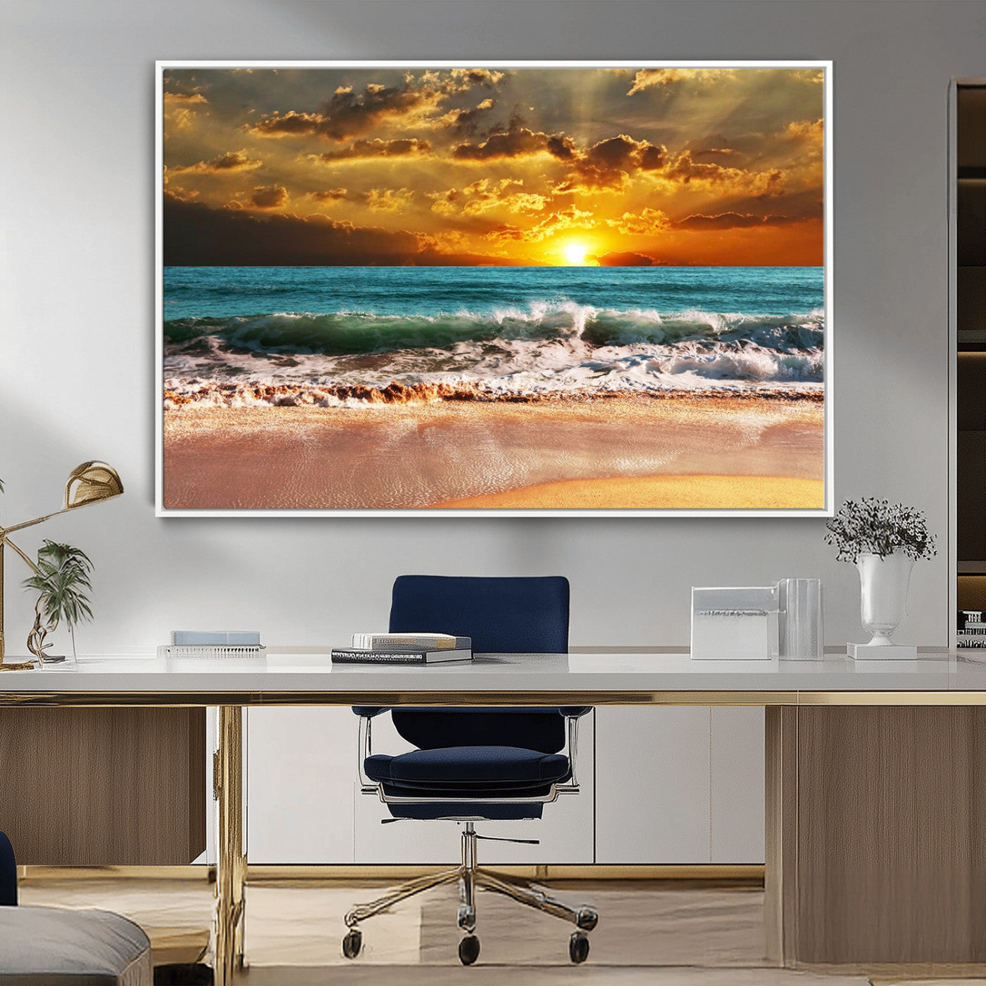 16495-MGV-CV-36X24-Golden Sunset Beach Canvas Wall Art – Triptych Seascape Print – Framed and Ready to Hang for Living