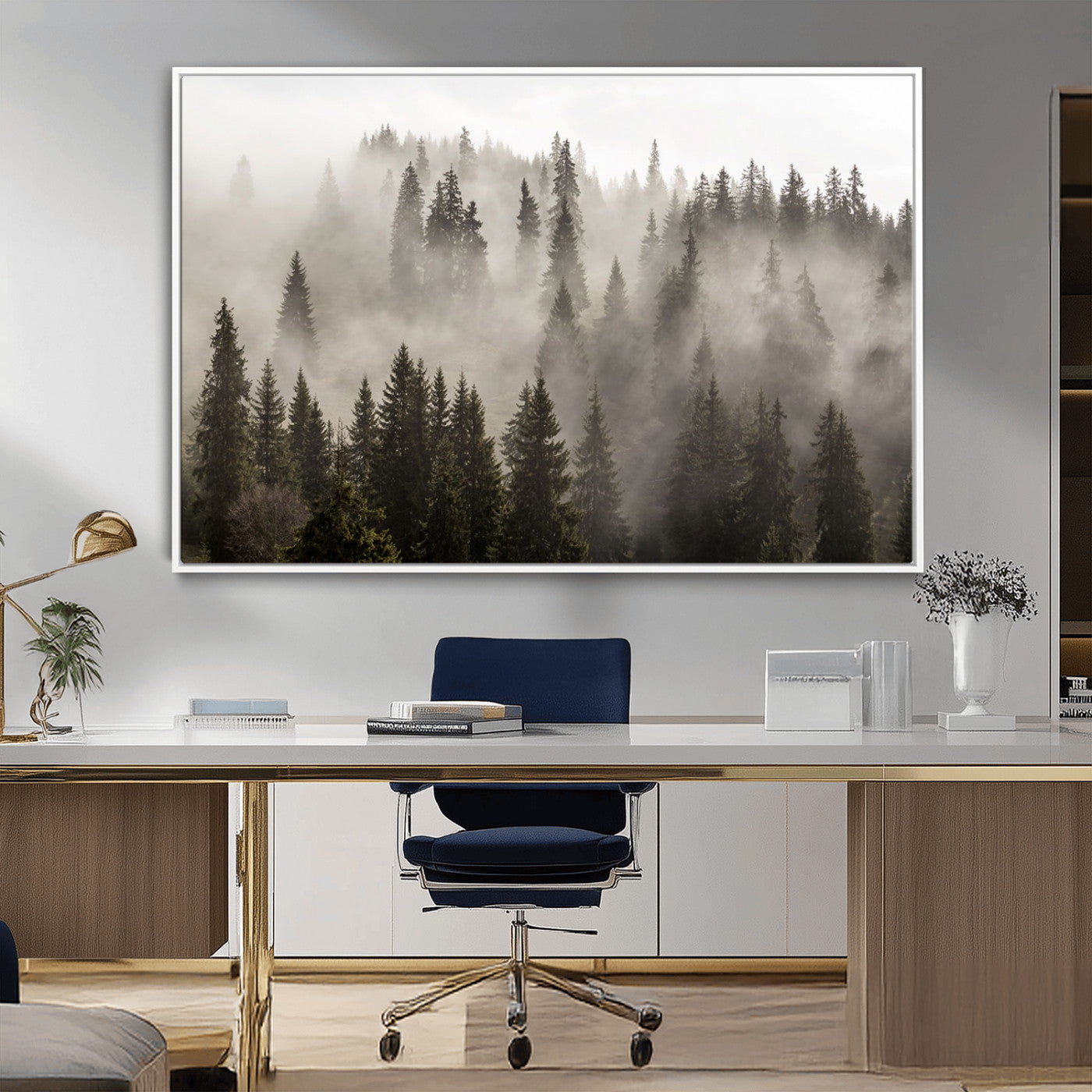 62862-MGV-CV-36X24-Foggy Mountain Wall Art | 3-Panel Foggy Forest and Mountain Landscape | Large Giclee Print for