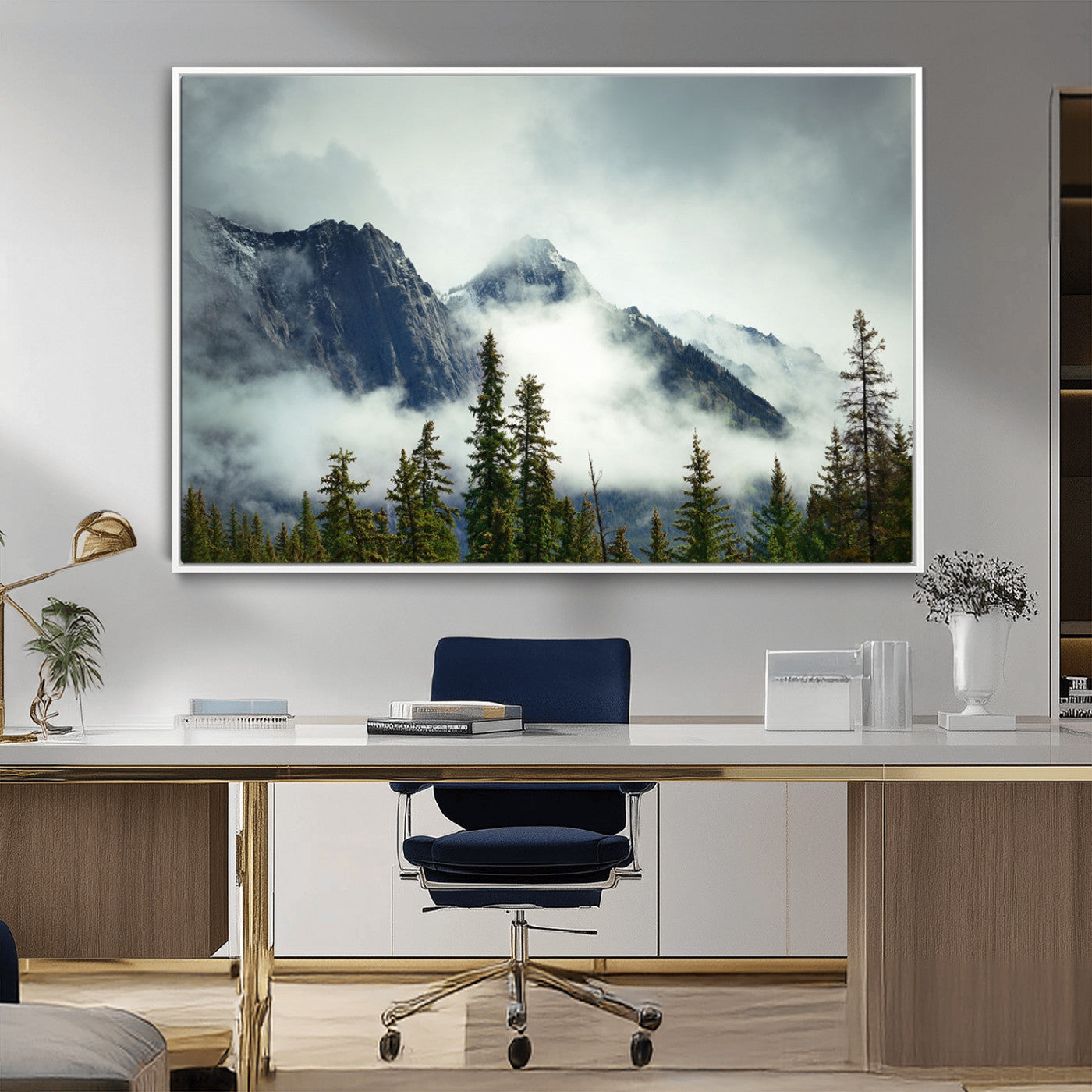 93219-MGV-CV-36X24-Mountain Mist Canvas Wall Art Print | 3-Panel Foggy Forest and Mountain Landscape | Large Giclee