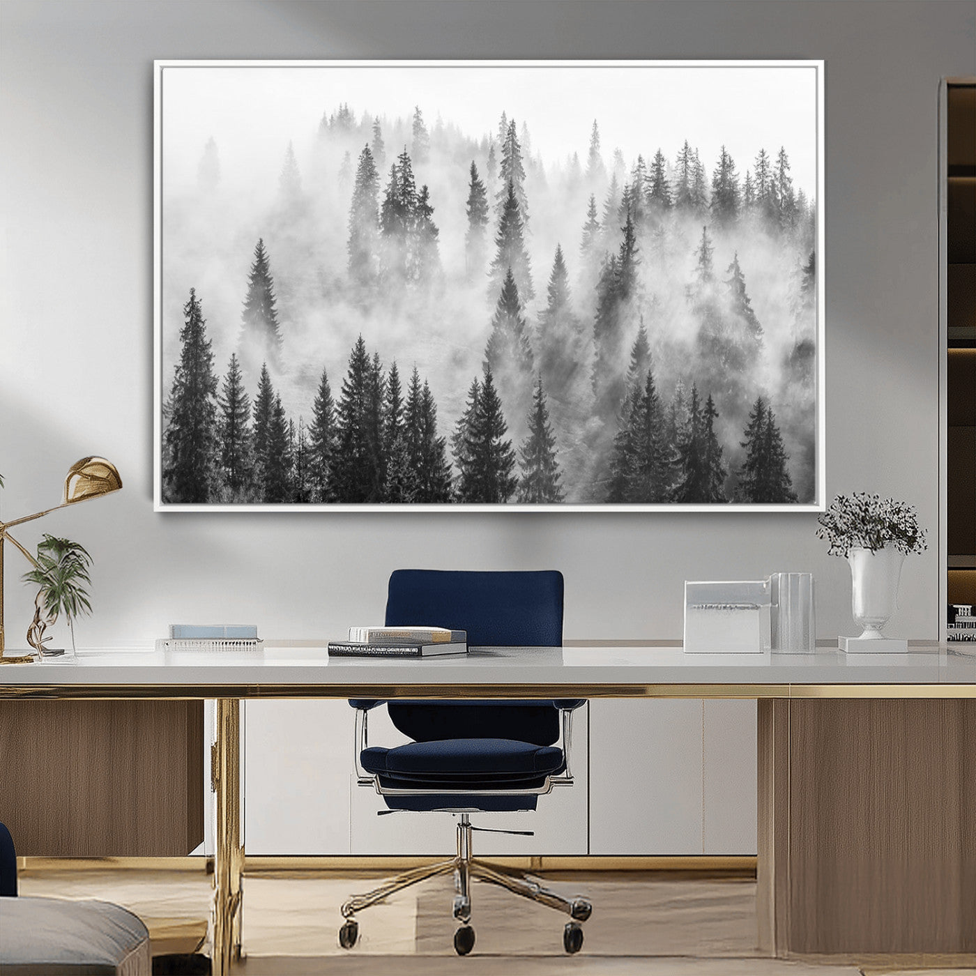 10422-MGV-FC-36X24_White-Forest Wall Art Print | Foggy Pine Forest Canvas Wall Art - Black and White Nature Decor for Living Room, Office