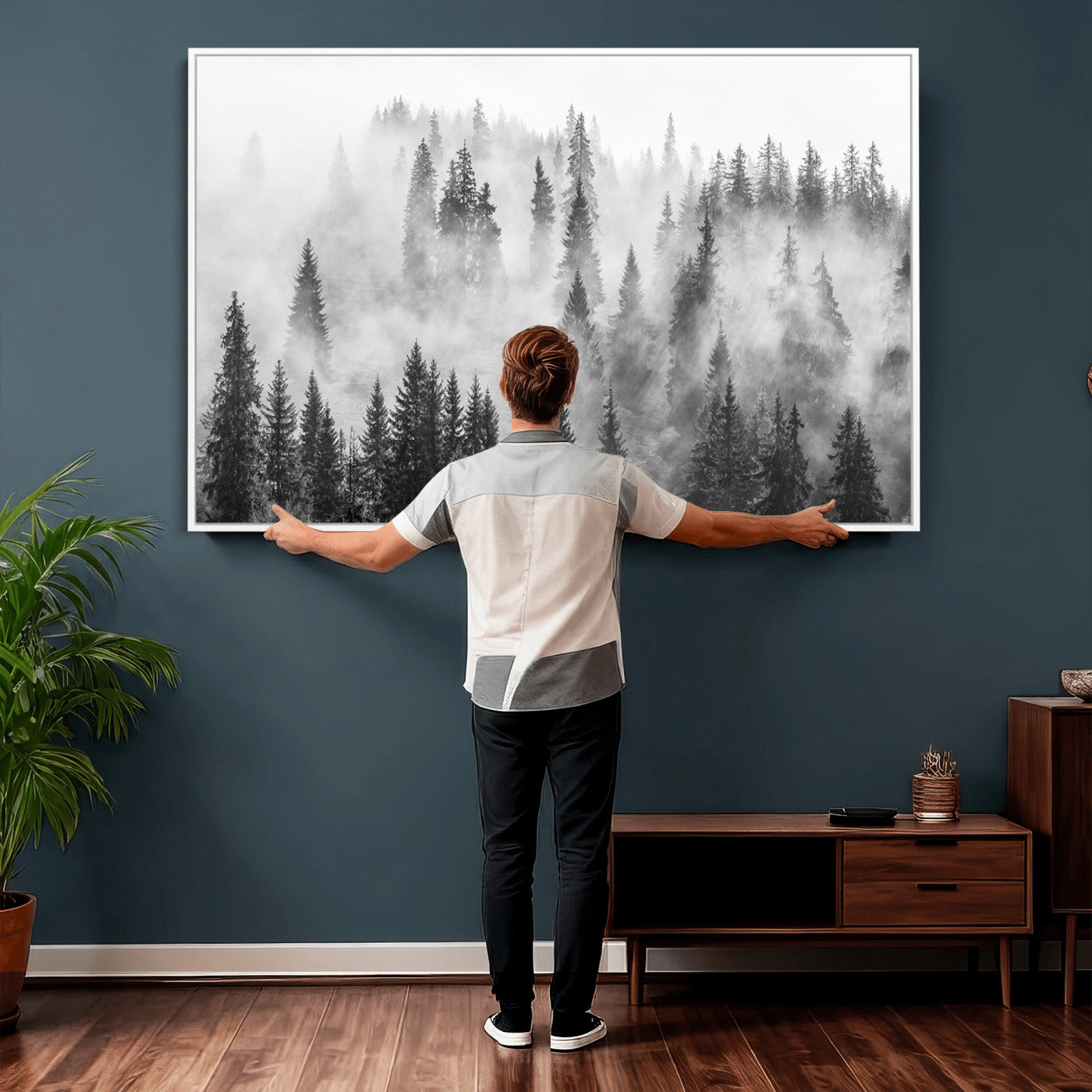 10422-MGV-CV-36X24 - Forest Wall Art Print | Foggy Pine Forest Canvas Wall Art - Black and White Nature Decor for Living