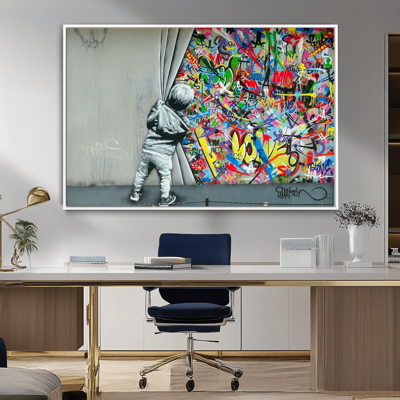 51713-MGV-CV-36X24-Banksy Colorful Street Graffiti Canvas Wall Art Print, Modern Art Triptych, Child and Graffiti Wall,