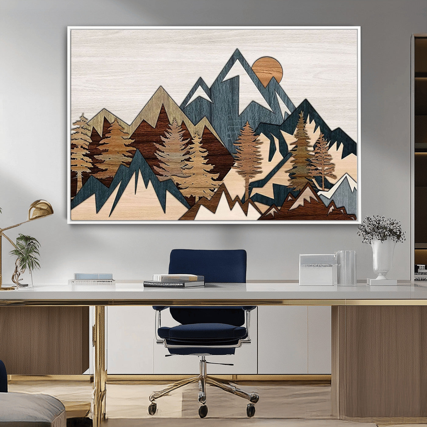 67950-MGV-CV-36X24-Rustic Abstract Wood Panel Effect Canvas Mountain Range Top Wood Wall Art Canvas Print