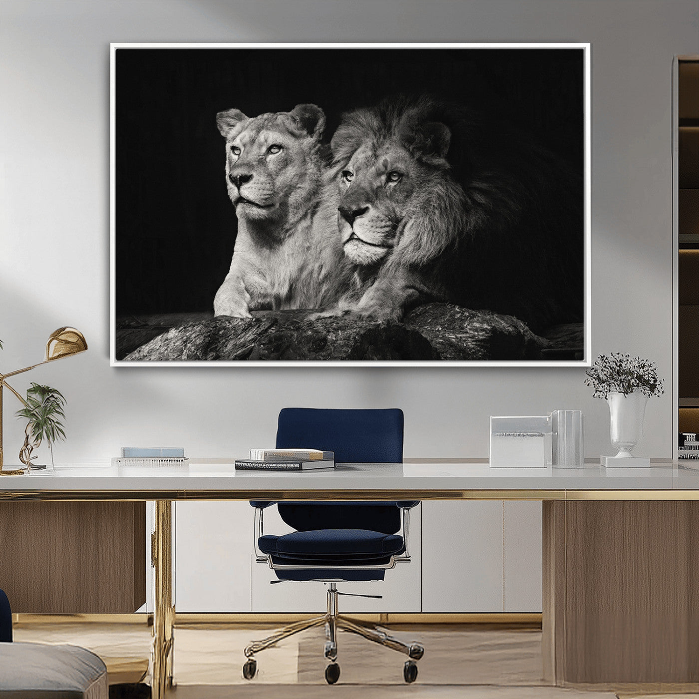 -Lion Couple Wall Art Canvas Print – Elegant Black and White Wildlife Portrait Lion Family Artwork for Home, Office