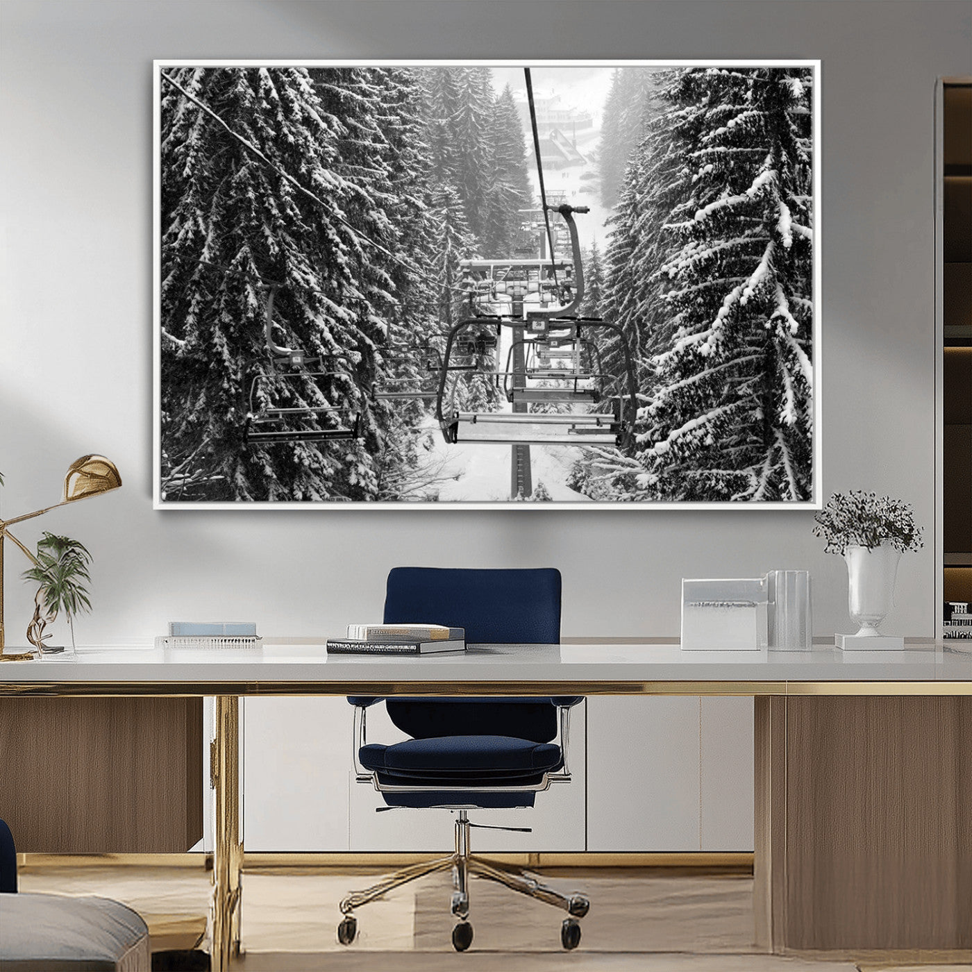 19240-MGV-CV-36X24-Winter Ski Lift Black and White Canvas Wall Art – Alpine Escape in Minimalist Style – Winter Ski