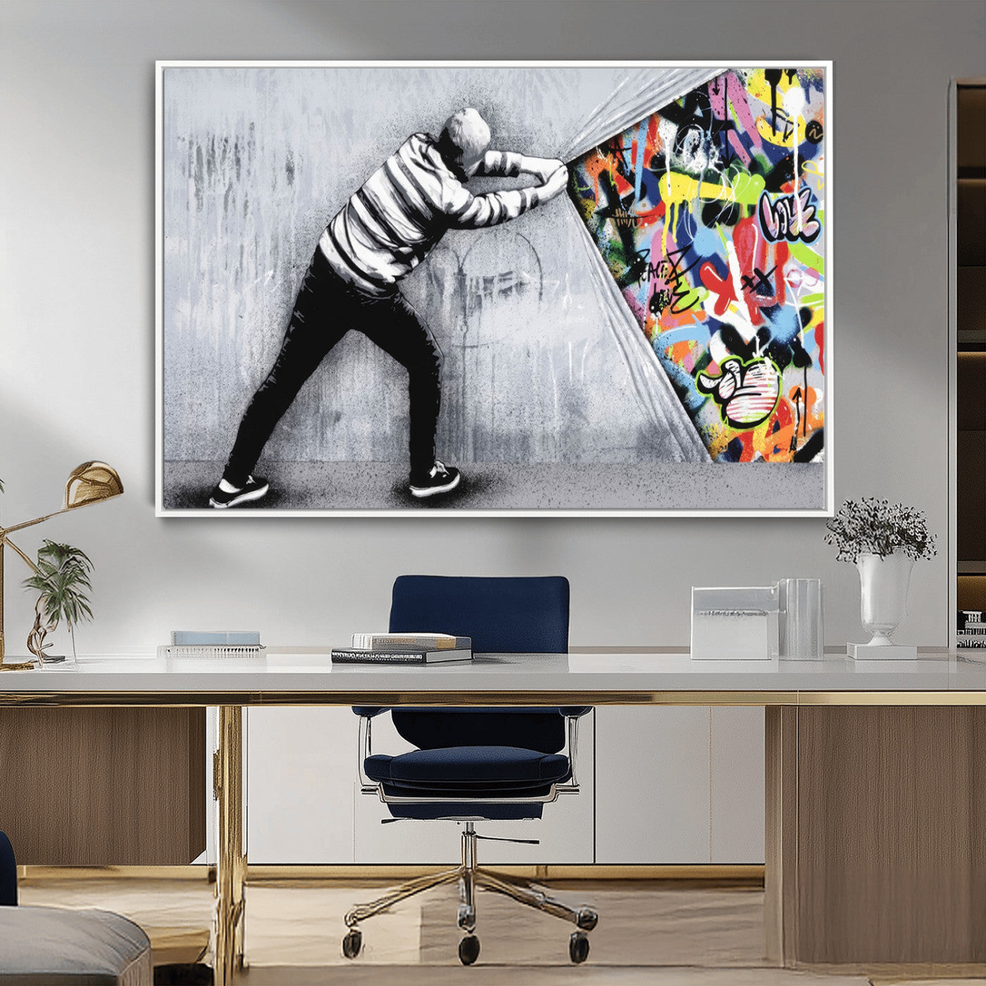 52252-MGV-CV-36X24-Banksy Art Behind the Curtain Street Wall Art Canvas Print | 3-Panel Urban Graffiti-Inspired Wall