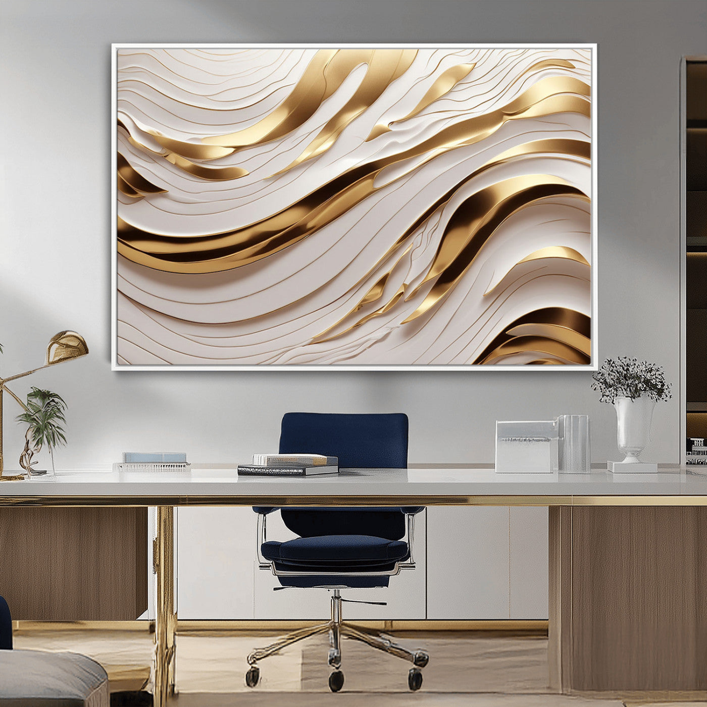 81197-MGV-CV-36X24-Gold and White Abstract Wave Canvas – Elegant Flowing Design with Luxurious Golden Accents –