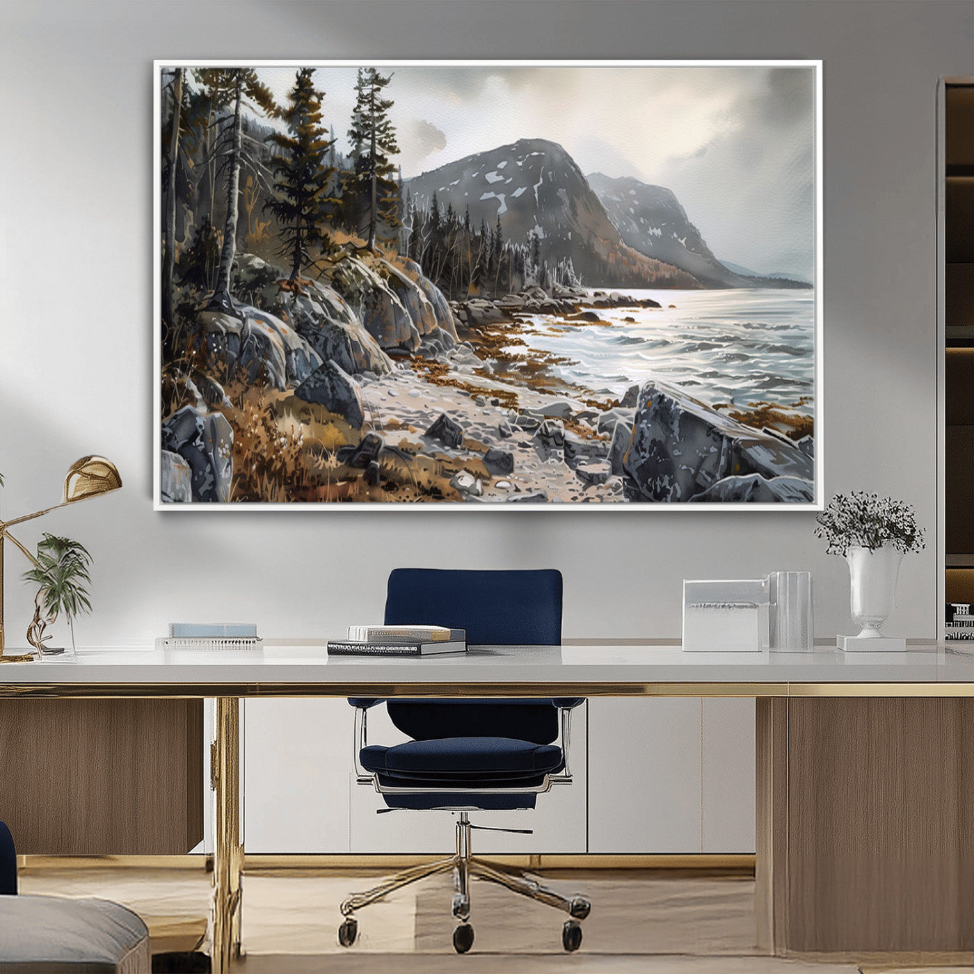 41281-MGV-FC-36X24_White-Serene Coastal View of Acadia National Park - Stunning 3-Panel Wall Art Canvas Print, Framed, Ready