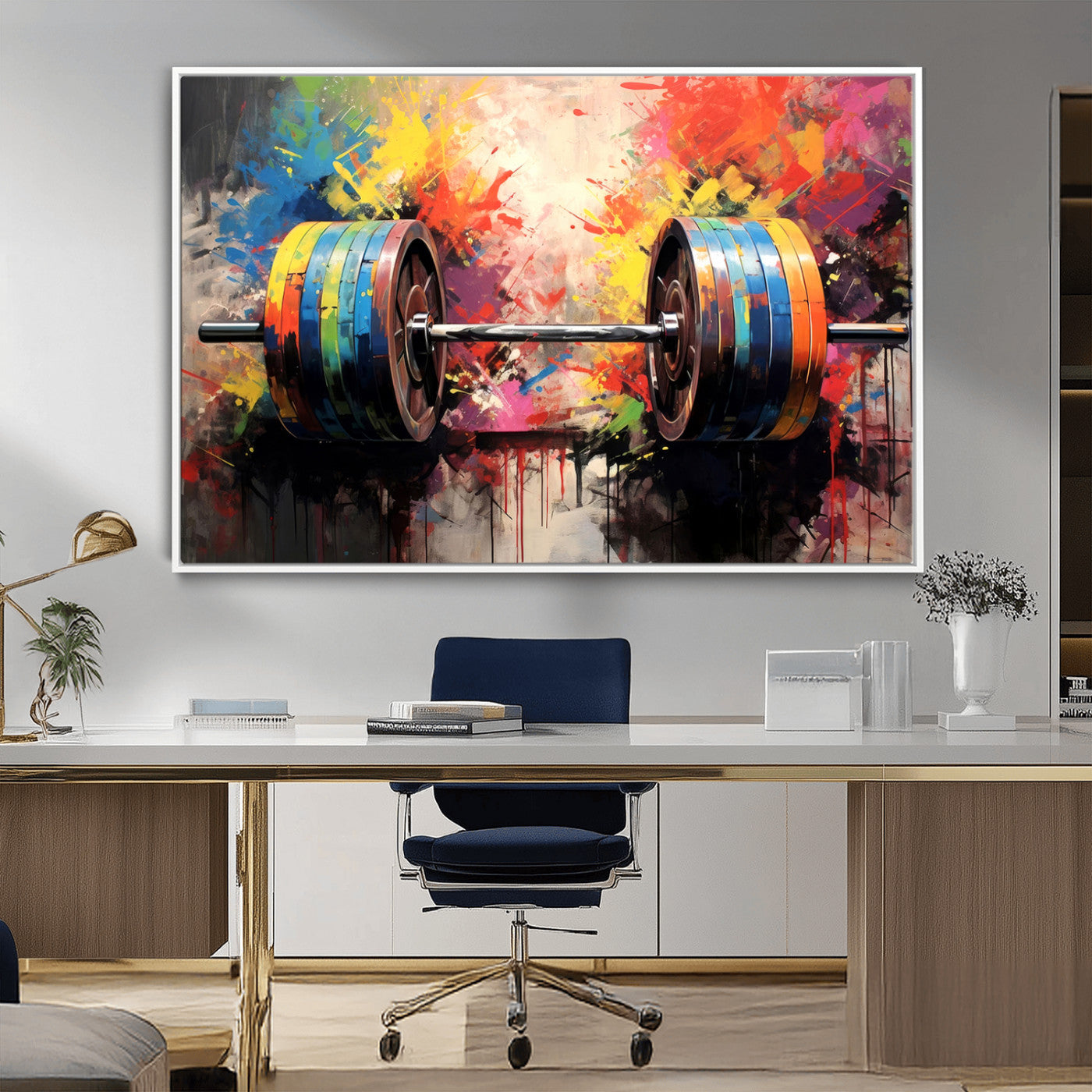 80436-MGV-CV-36X24-Weightlifting Barbell Art Triptych, Bold Abstract Fitness Wall Decor for Gym or Home, Giclee Canvas