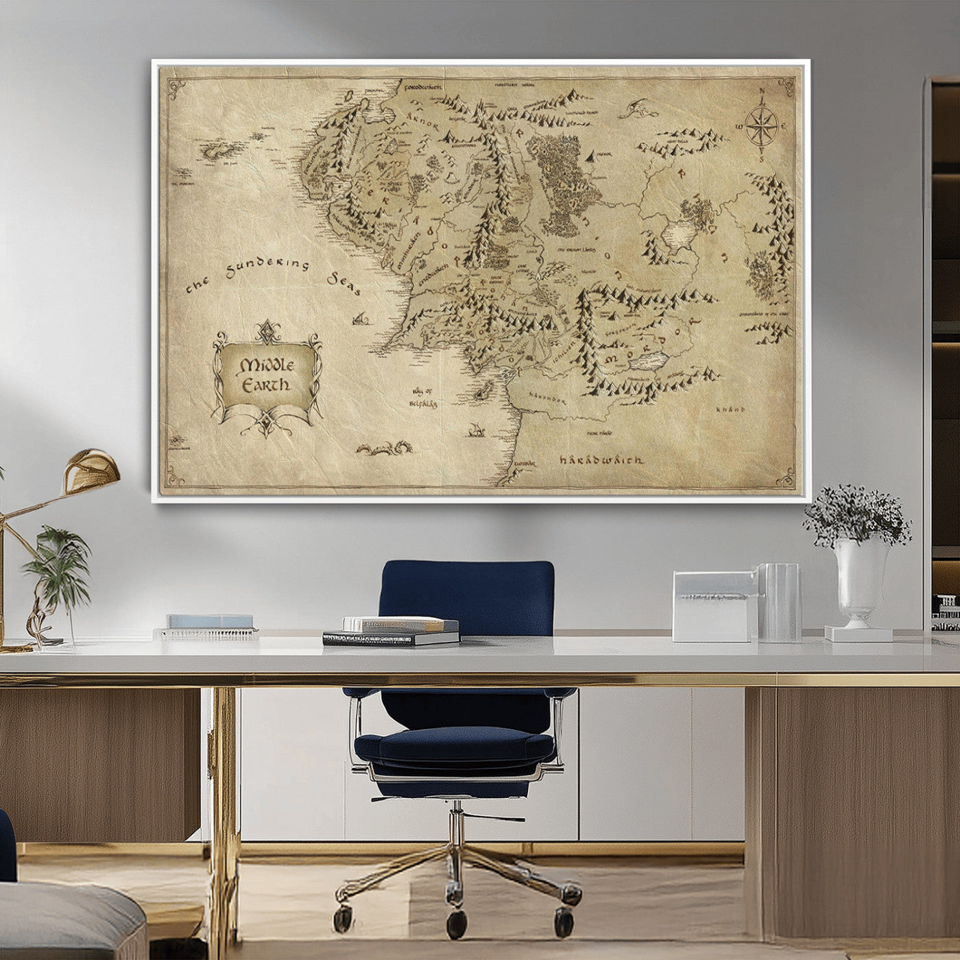 21784-MGV-CV-36X24-Vintage Middle Earth Map Wall Art Canvas – Lord of the Rings Inspired Framed Map Print, Classic Fantasy Decor for Home, Office