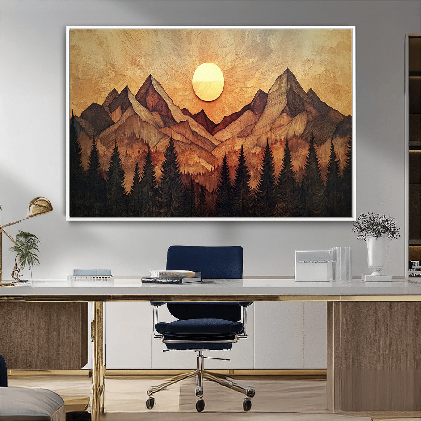 71340-MGV-CV-36X24-Wood Style Abstract Mountain Sunset Canvas Wall Art Print - Warm Earth Nature-Inspired Decor for