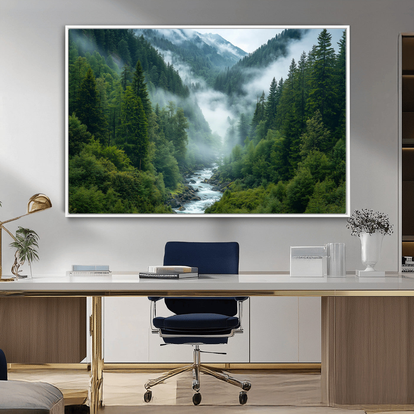 69453-MGV-FC-36X24_White-Mountain Forest River Canvas Wall Art Print - Serene Nature Landscape for Living Room, Office, or