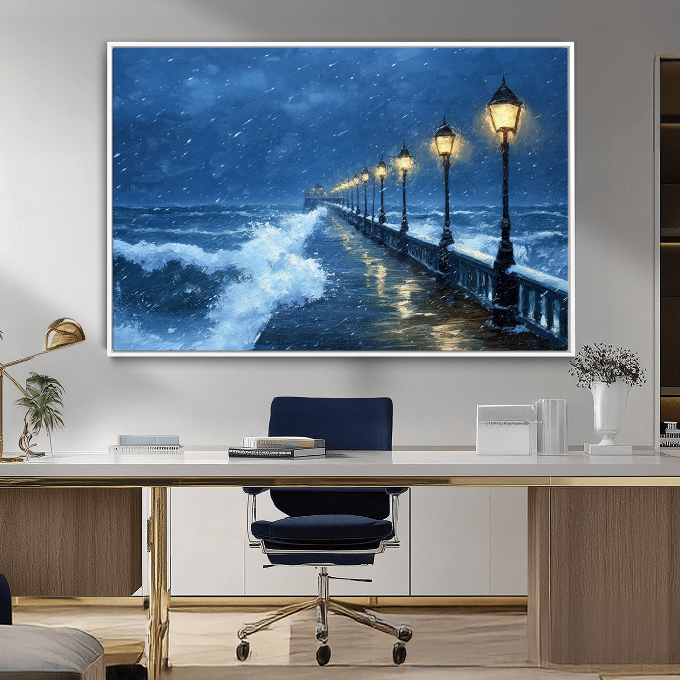 32668-MGV-CV-36X24-Stormy Ocean Pier Lights Canvas Wall Art Print - Large Moody Night Scene for Living Room, or Office,