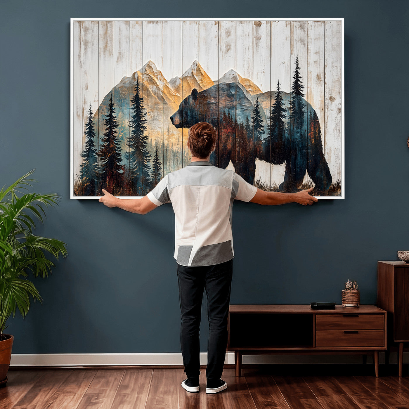 90077-MGV-CV-36X24 - Rustic Bear Wall Art - Grizzly 399 Bear Wall Art - Mountain Wood Canvas Wall Art - Nature Theme