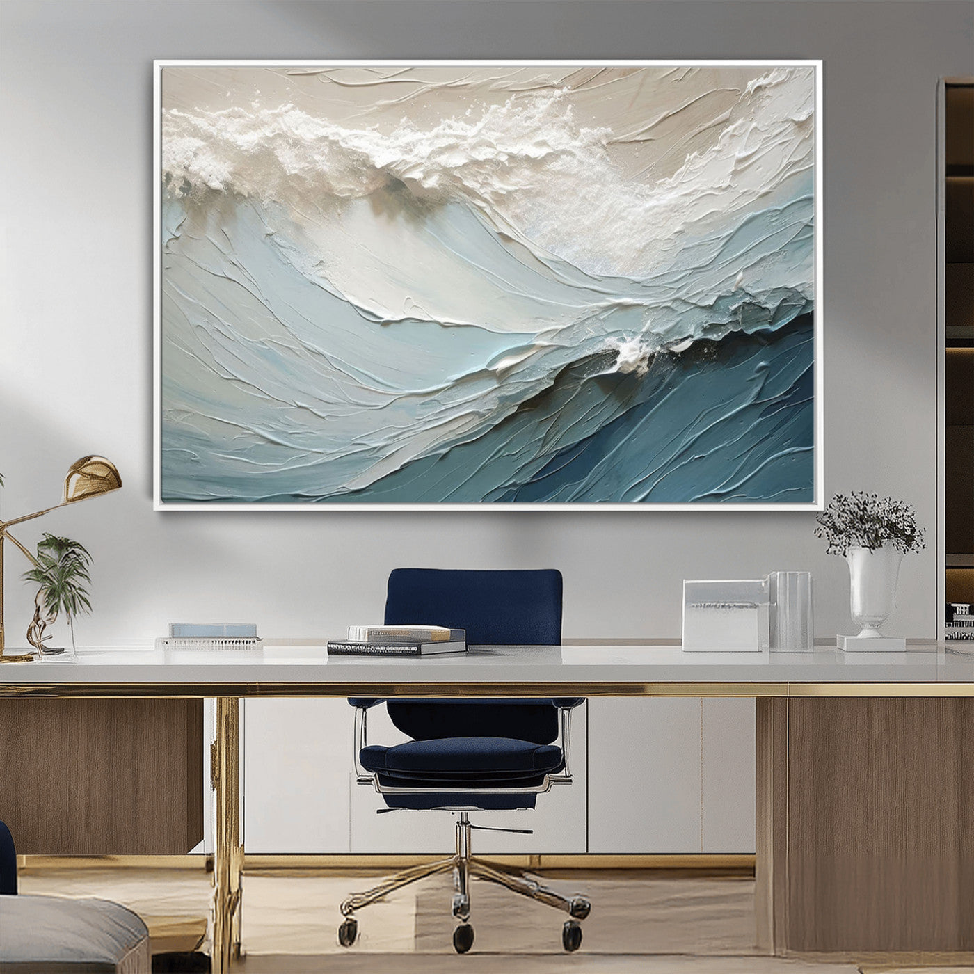 36946-MGV-FC-36X24_White-Waves Abstract Wall Art Print, Modern Framed Abstract Canvas Print, Abstract Painting for Living