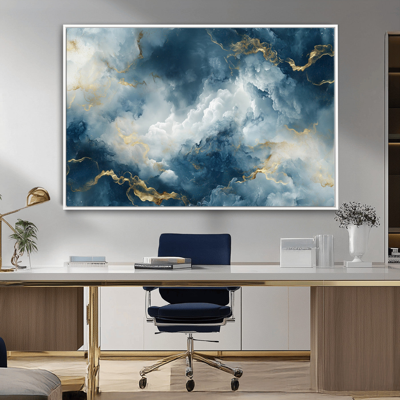 48298-MGV-FC-36X24_White-Large Abstract Print - Luxe Blue and Gold Abstract Canvas Wall Art - Bold Cloudscape Canvas for