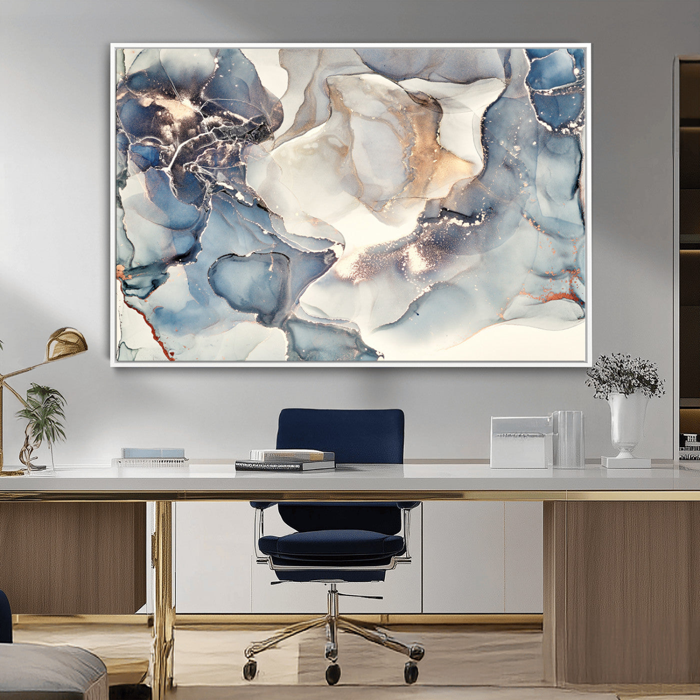 51497-MGV-CV-36X24-Abstract Blue and Gold Canvas Wall Art - Fluid Modern Ink Artwork - Modern Luxury Wall Decor for