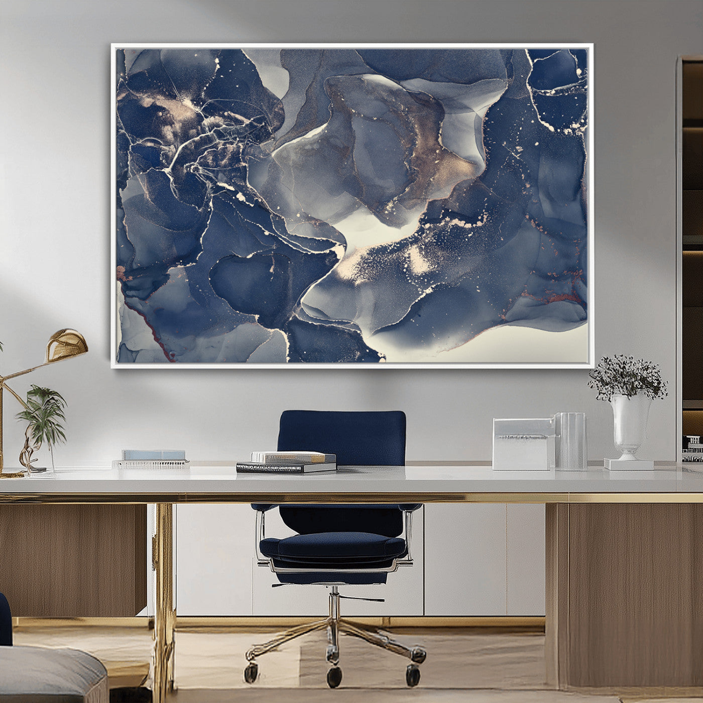 28282-MGV-CV-36X24-Large Abstract Blue and Gold Canvas Wall Art | Fluid Ink Artwork Print | Luxury Wall Decor for