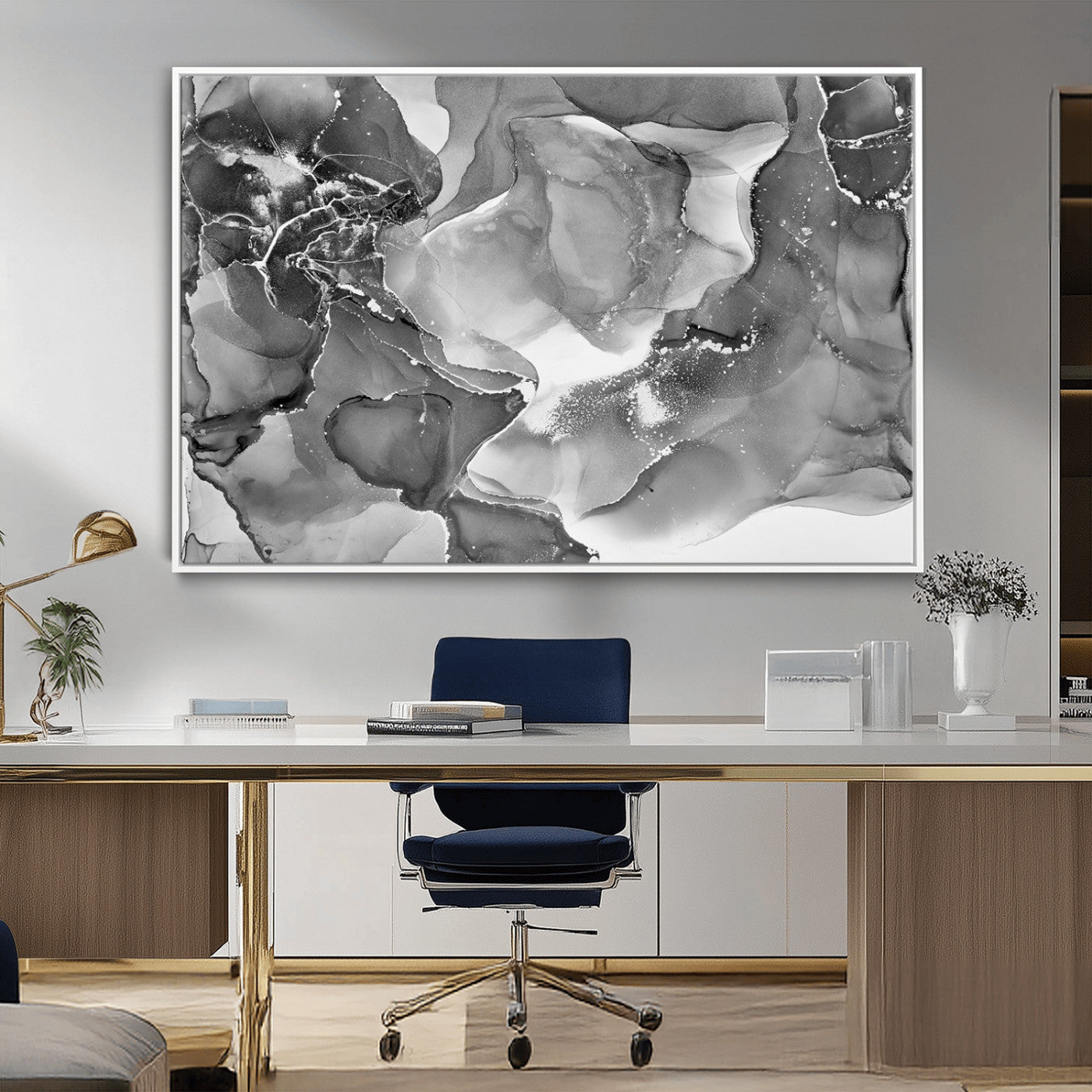 15911-MGV-CV-36X24-Black White Abstract Canvas Wall Art - Fluid Ink Artwork - Modern Luxury Wall Decor for Contemporary