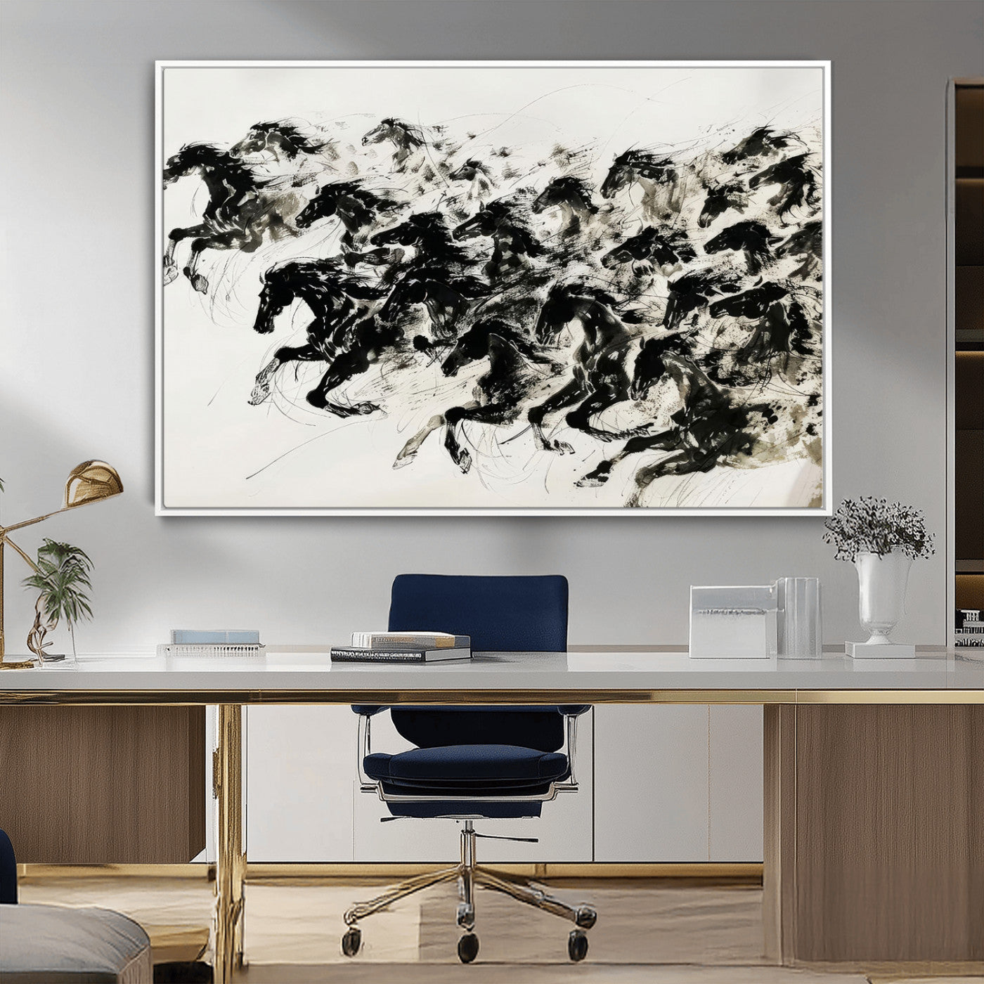 23069-MGV-CV-36X24-Abstract Horse Wall Art Canvas Print - Dynamic Black Ink Horse Print - Modern Equine Wall Decor for