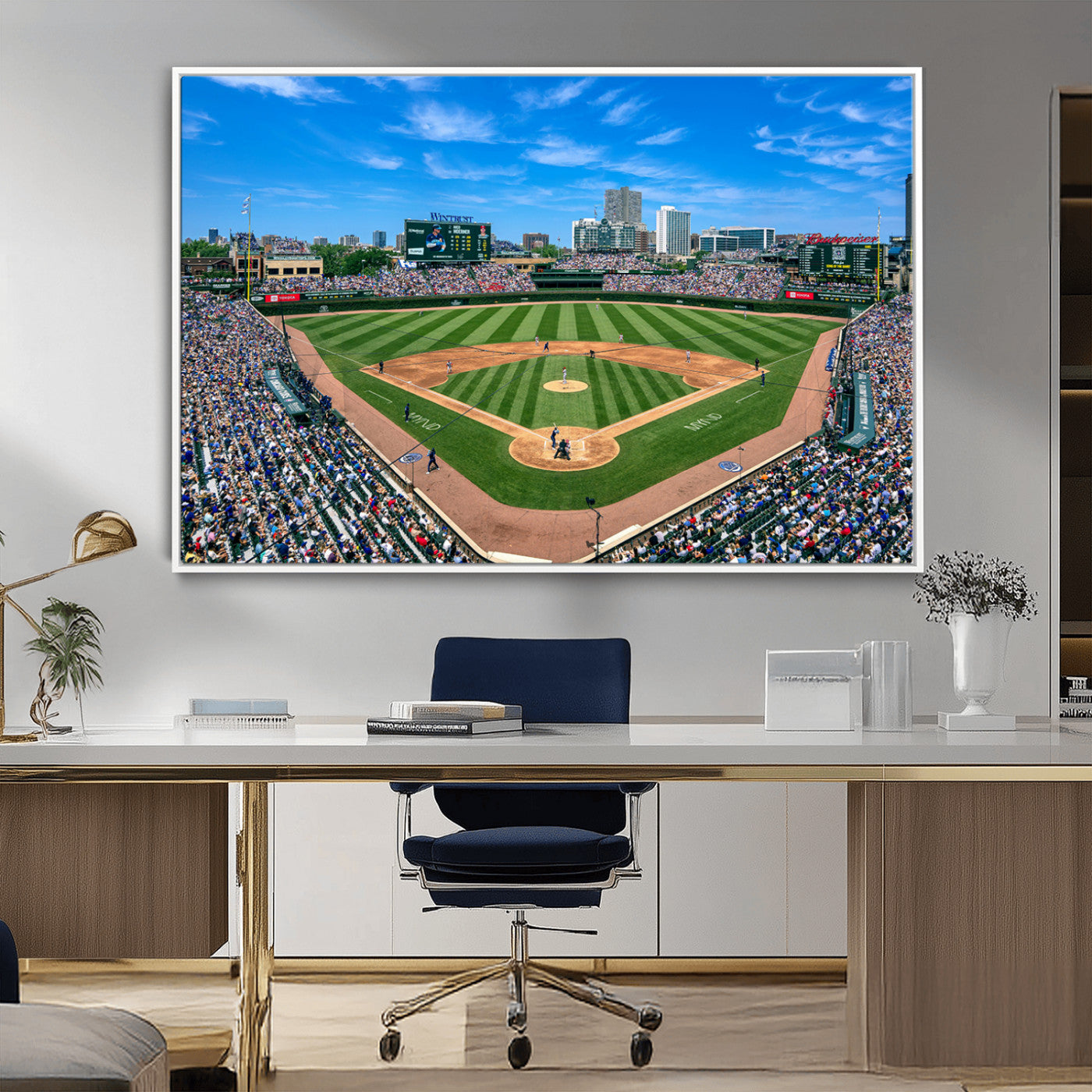 26064-MGV-FC-36X24_White-Wrigley Field Chicago Cubs Wall Art Canvas Print Framed Panoramic Multi-Piece Iconic Baseball Stadium Artwork for Home, Office