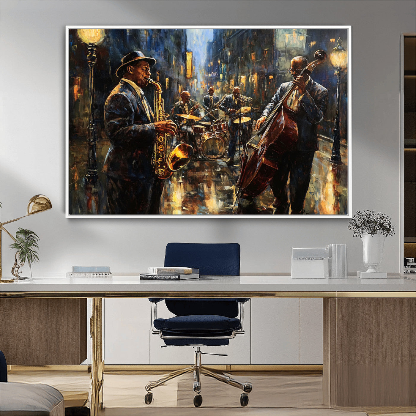 36990-MGV-FC-36X24_White-Jazz Canvas Wall Art Print - Abstract African American Music Art - Framed Posters for Living Room or