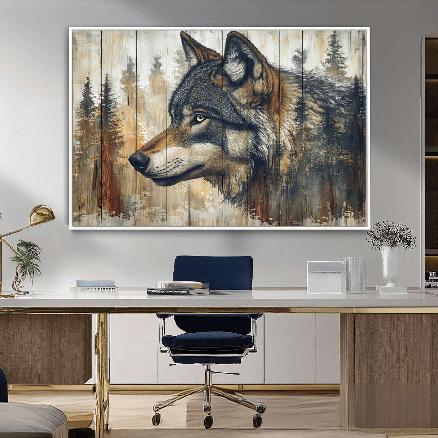 91882-MGV-CV-36X24-Rustic Wolf Wall Art Canvas Print, Vintage Woodland Wolf Wall Art