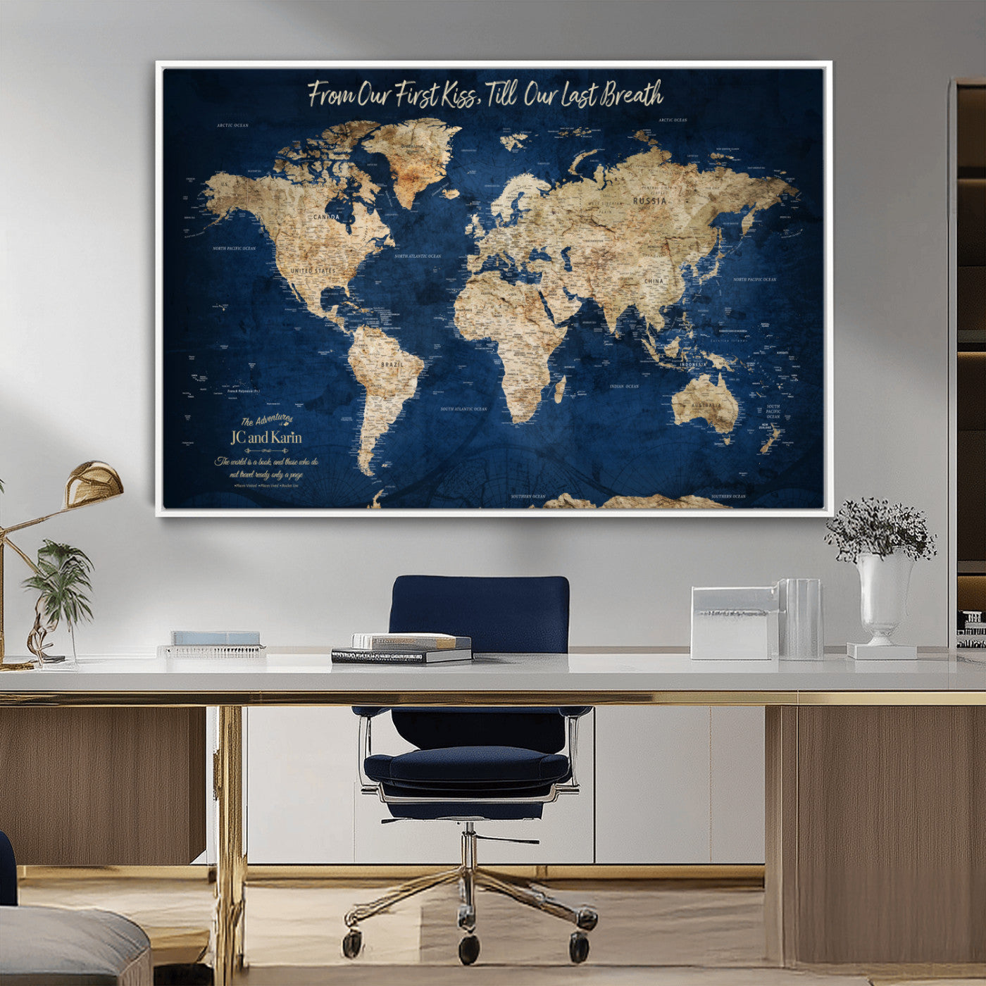 -Personalized Push Pin World Map Canvas Print – Custom Couple Travel Tracker Wall Art, Framed Anniversary Gift for Home Decor