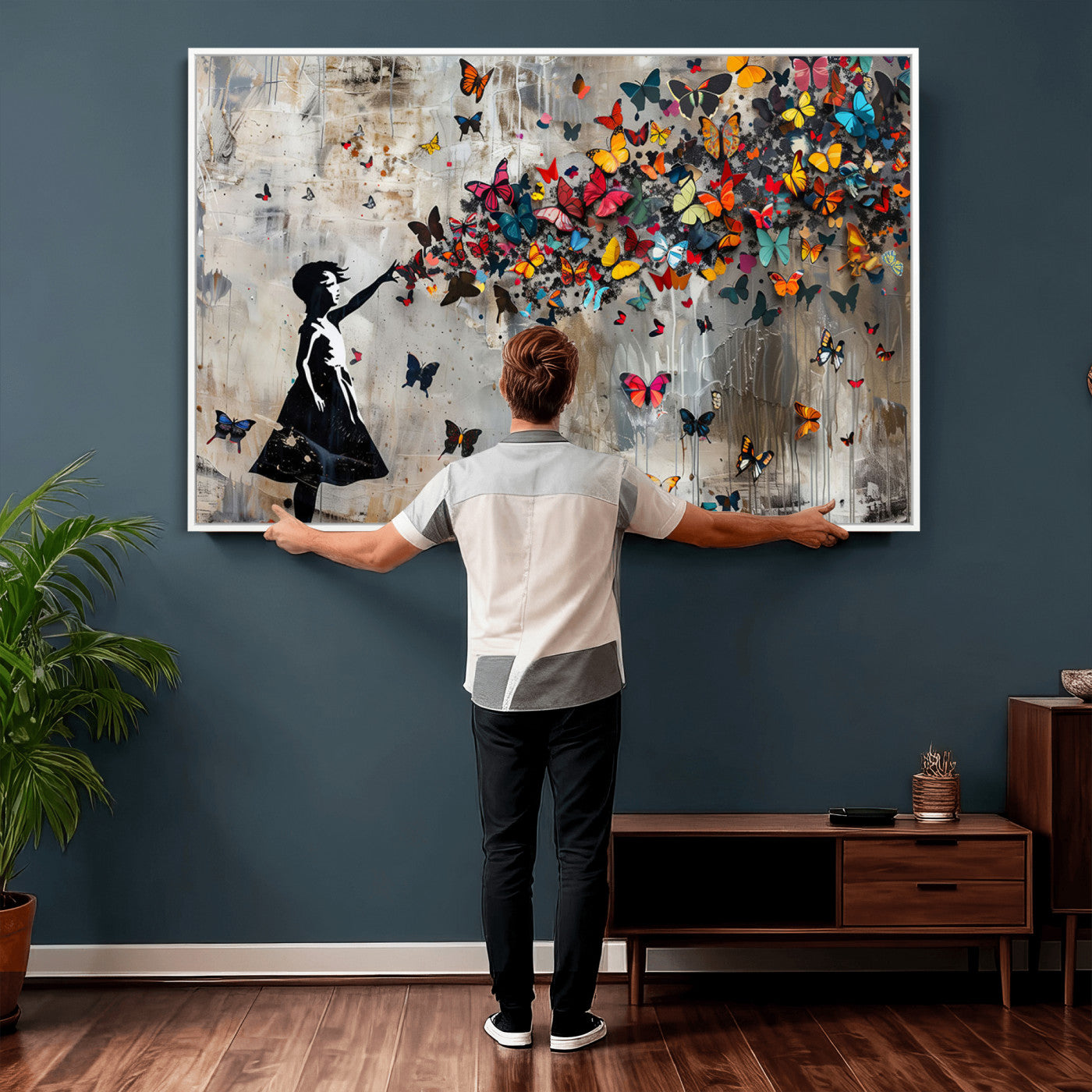 51446-MGV-CV-36X24 - Banksy Butterfly Girl Wall Art | 3-Piece Butterfly Girl Canvas