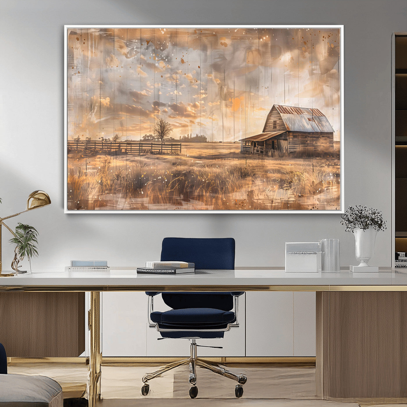 FARM2-MGV-CV-36X24-Rustic Farmhouse Wall Art Canvas Print | Barn and Field Canvas Print | Vintage Country Landscape