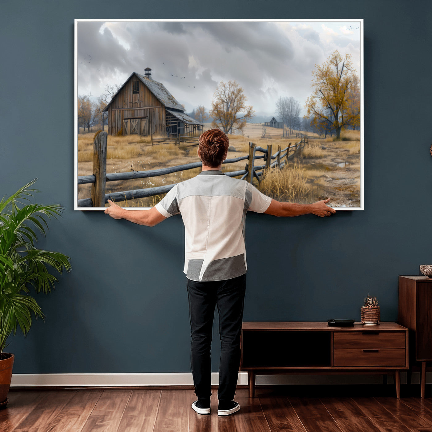 Farm1-MGV-CV-36X24 - Rustic Autumn Farmhouse Wall Art Canvas Print – Serene Countryside Scene with Weathered Barn and